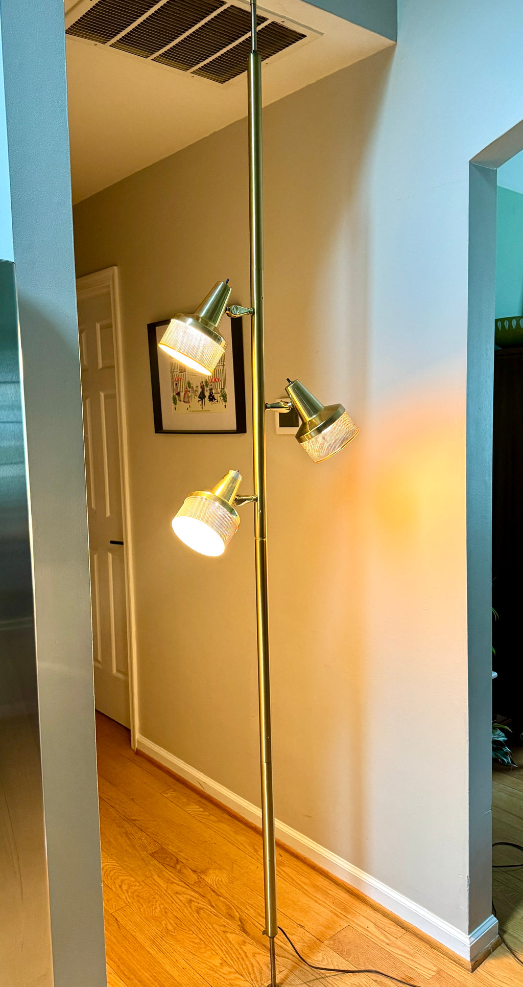 1960's MCM Gold 3 Shade Tension Pole Lamp ~ MCM Gold Adjustable Tension Pole Lamp