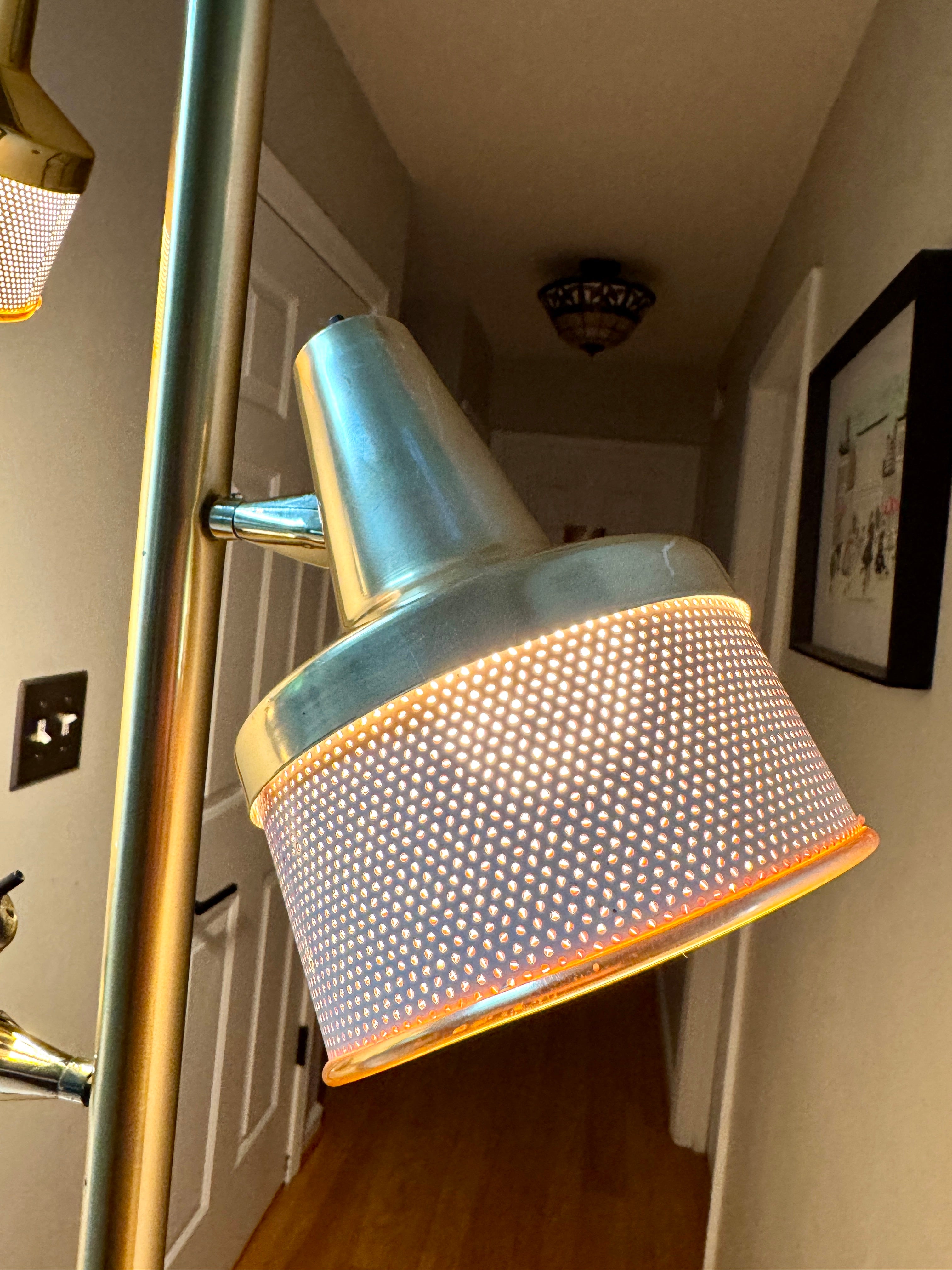 1960's MCM Gold 3 Shade Tension Pole Lamp ~ MCM Gold Adjustable Tension Pole Lamp