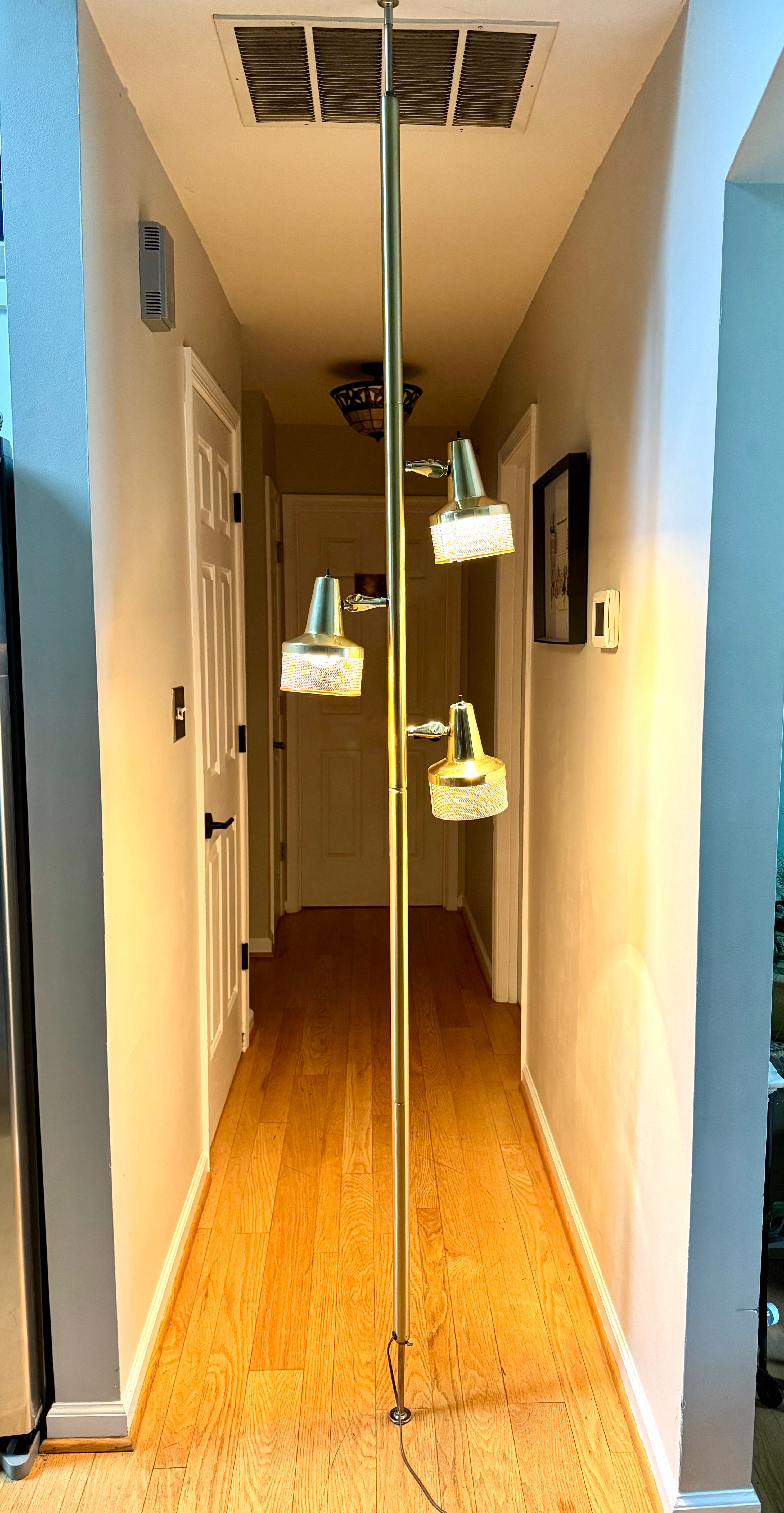 1960's MCM Gold 3 Shade Tension Pole Lamp ~ MCM Gold Adjustable Tension Pole Lamp