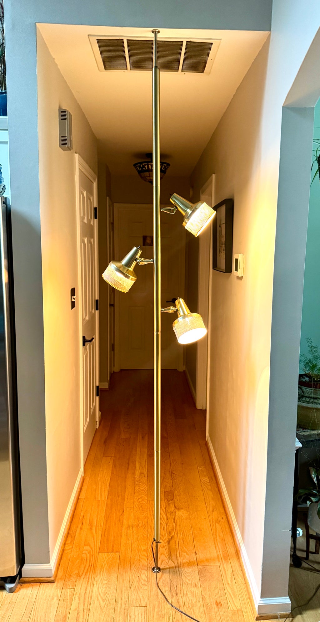 1960's MCM Gold 3 Shade Tension Pole Lamp ~ MCM Gold Adjustable Tension Pole Lamp