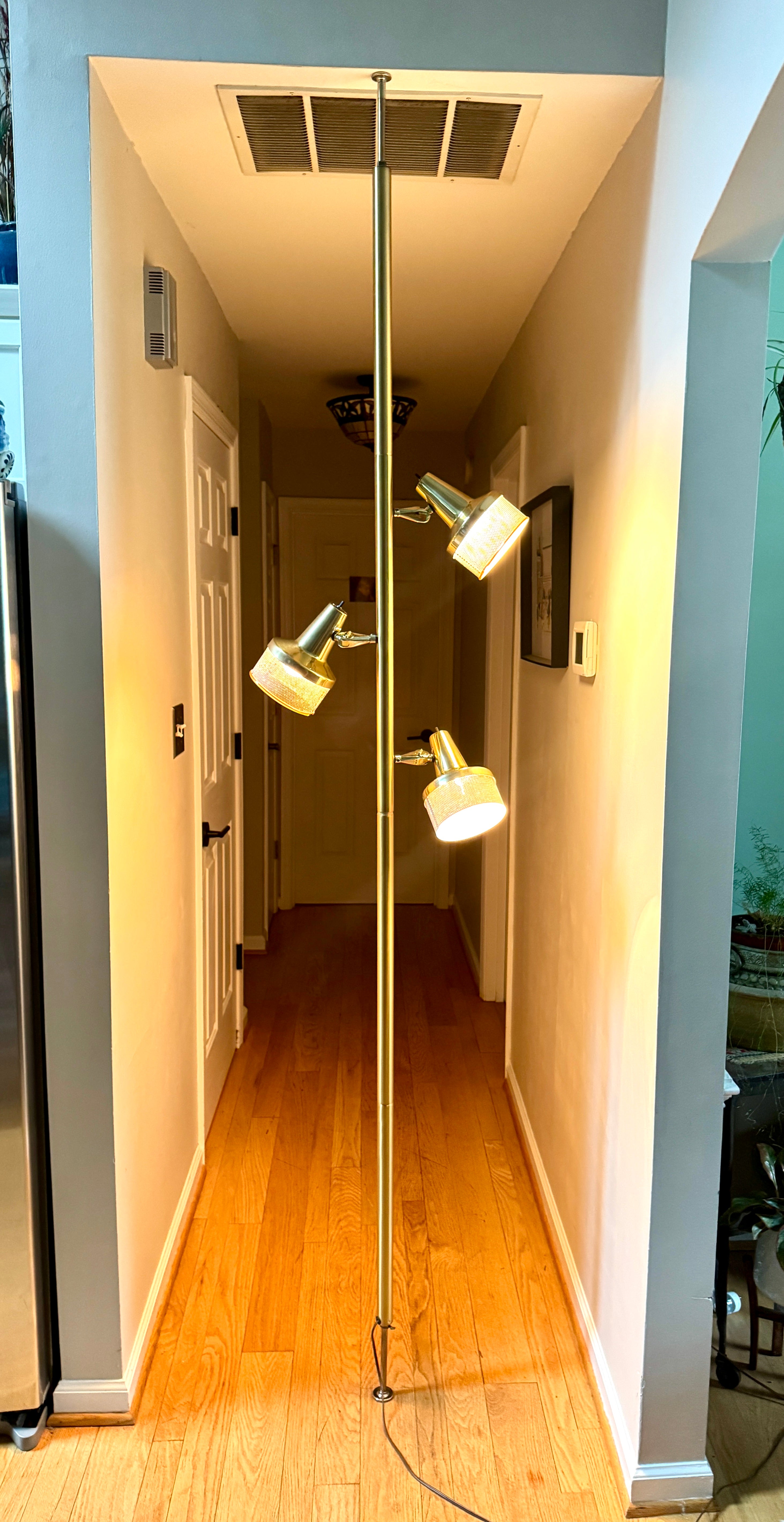 1960's MCM Gold 3 Shade Tension Pole Lamp ~ MCM Gold Adjustable Tension Pole Lamp