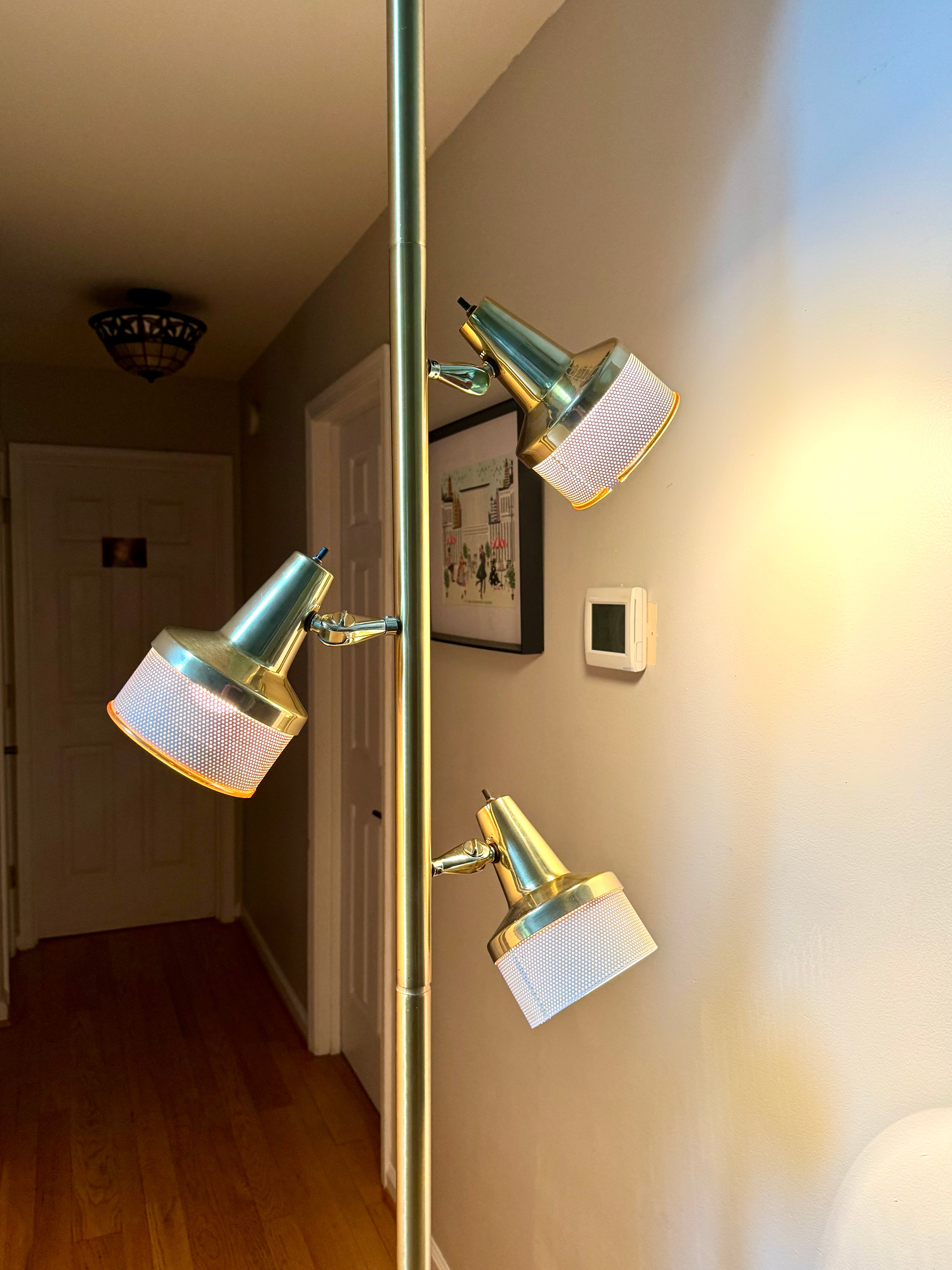 1960's MCM Gold 3 Shade Tension Pole Lamp ~ MCM Gold Adjustable Tension Pole Lamp