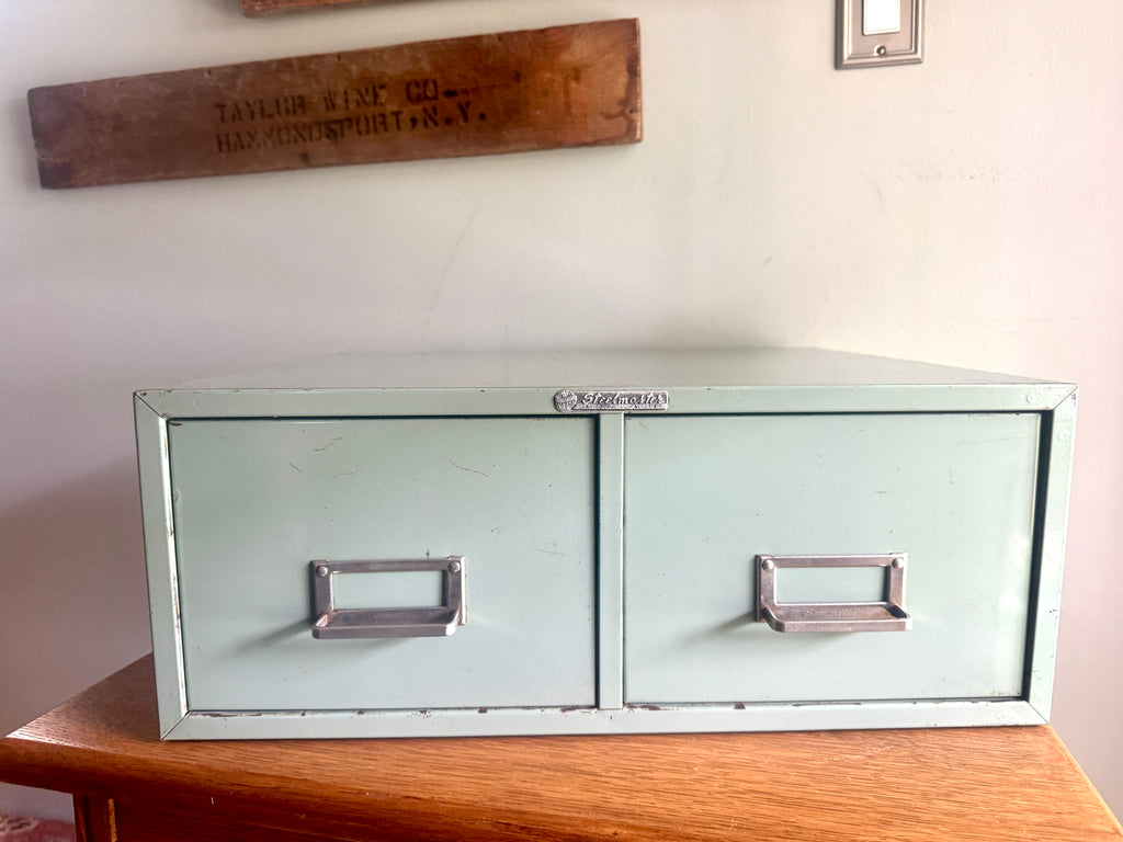 Vtg Distressed Light Green Steelmaster Cabinet | Mint Green Metal Index Card Catalog | Double Drawer Storage | Industrial Storage Bin | Library Card Cabinet (Copy)