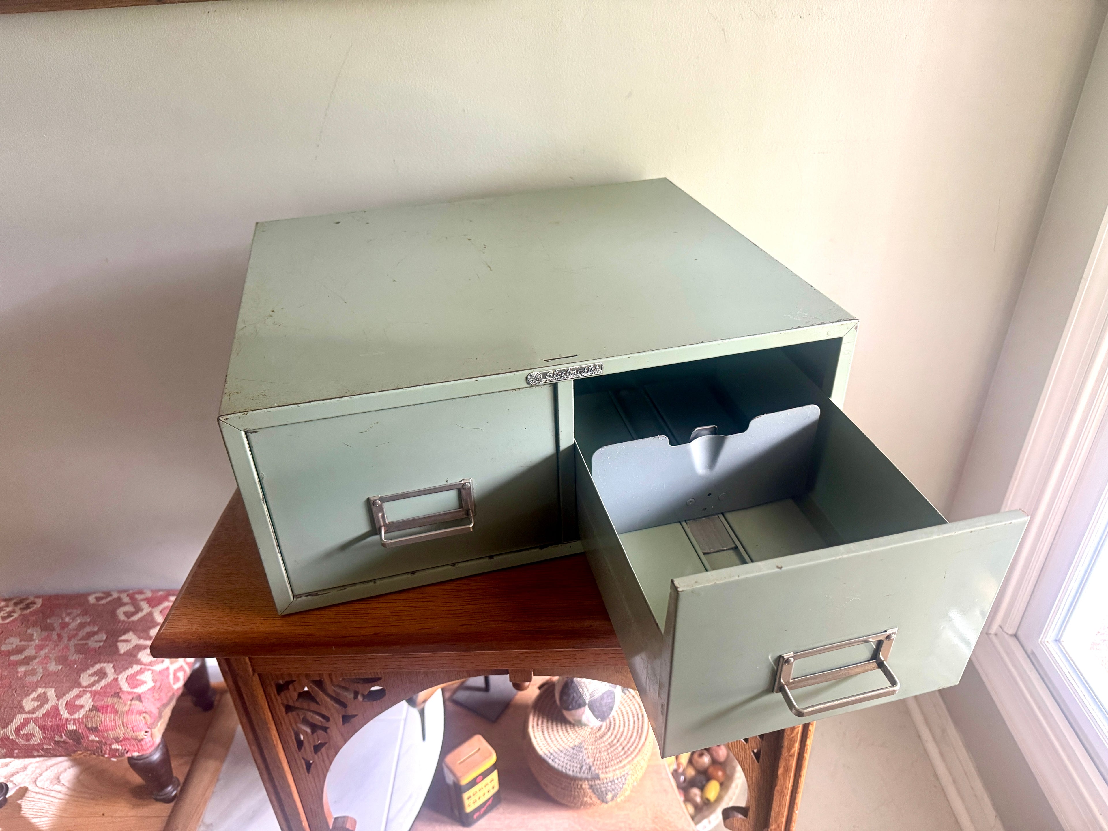 Vtg Distressed Light Green Steelmaster Cabinet | Mint Green Metal Index Card Catalog | Double Drawer Storage | Industrial Storage Bin | Library Card Cabinet (Copy)