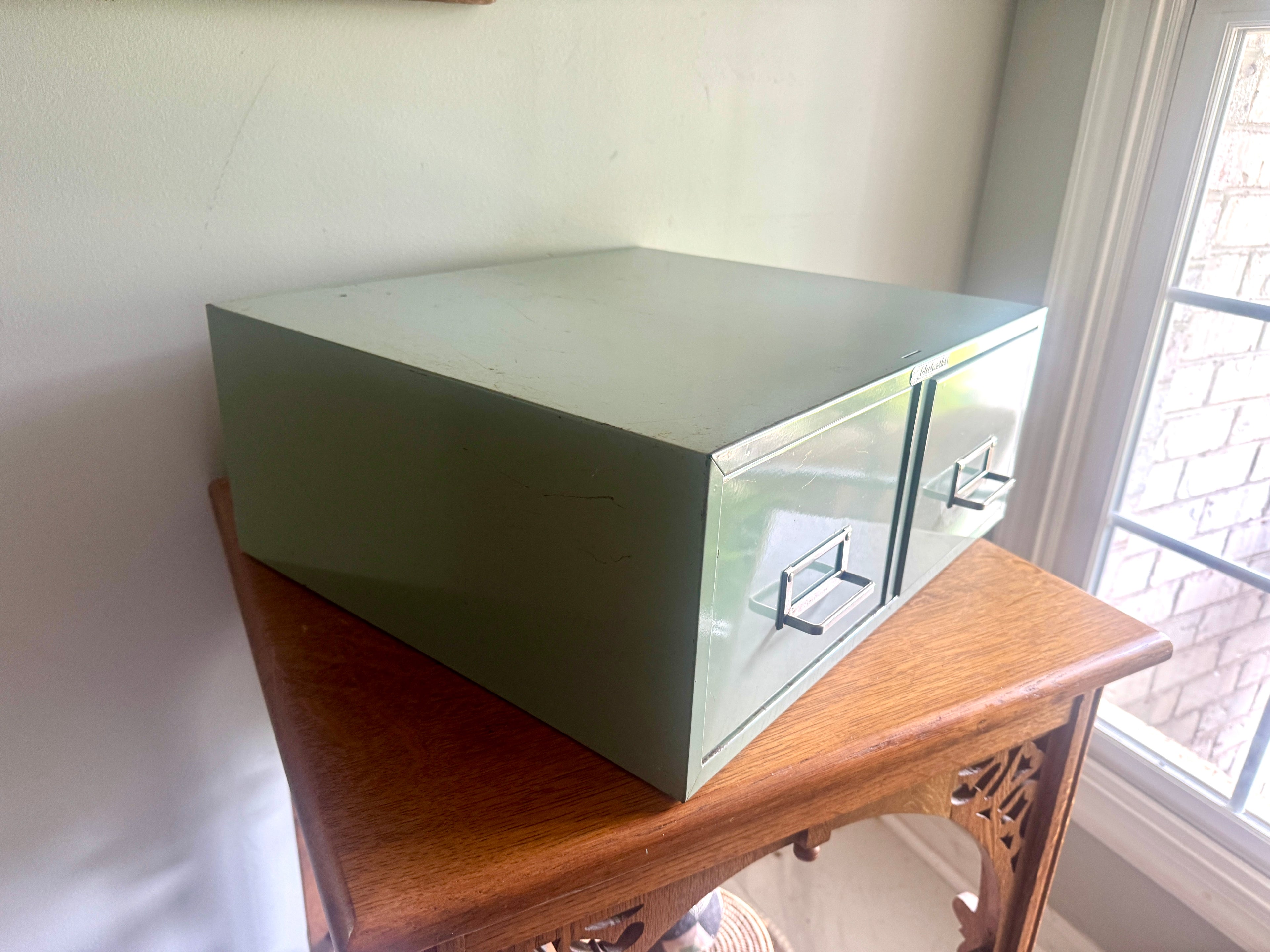 Vtg Distressed Light Green Steelmaster Cabinet | Mint Green Metal Index Card Catalog | Double Drawer Storage | Industrial Storage Bin | Library Card Cabinet (Copy)