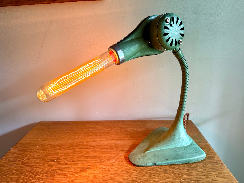 Vtg Repurposed Hair Dryer Lamp ~ Green Cast Iron Base Hair Dryer Lamp