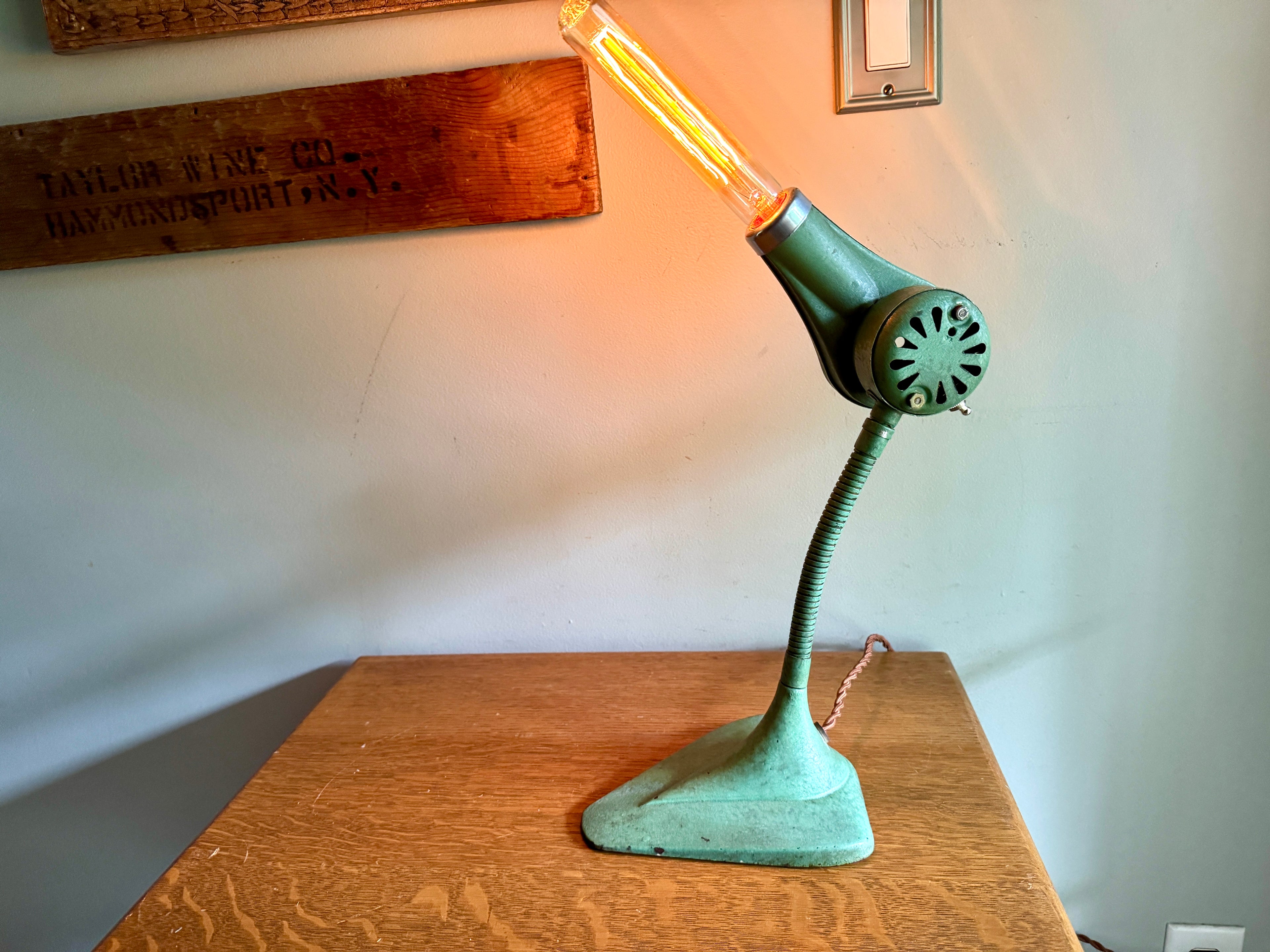 Vtg Repurposed Hair Dryer Lamp ~ Green Cast Iron Base Hair Dryer Lamp