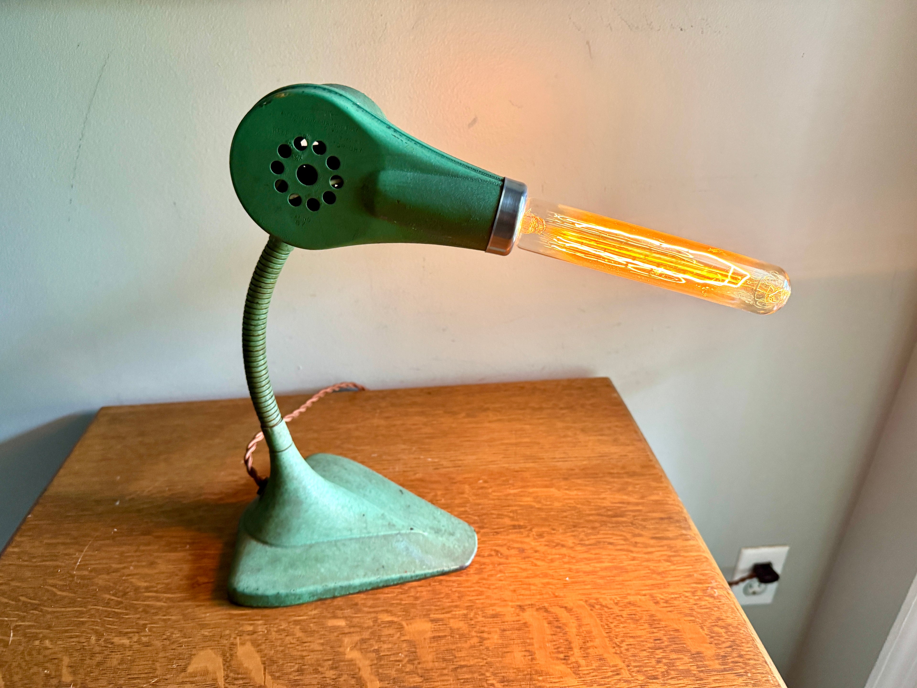 Vtg Repurposed Hair Dryer Lamp ~ Green Cast Iron Base Hair Dryer Lamp