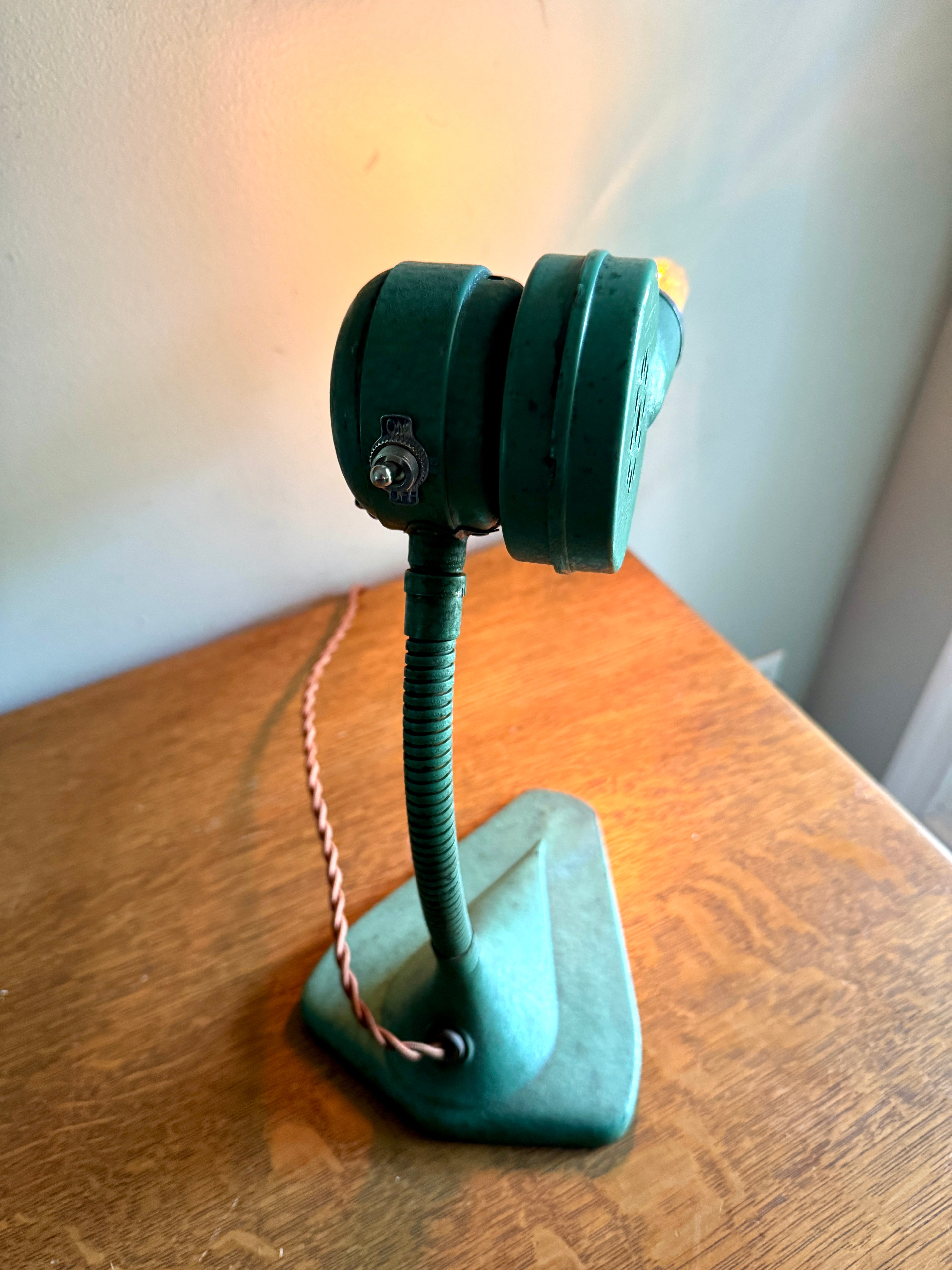Vtg Repurposed Hair Dryer Lamp ~ Green Cast Iron Base Hair Dryer Lamp