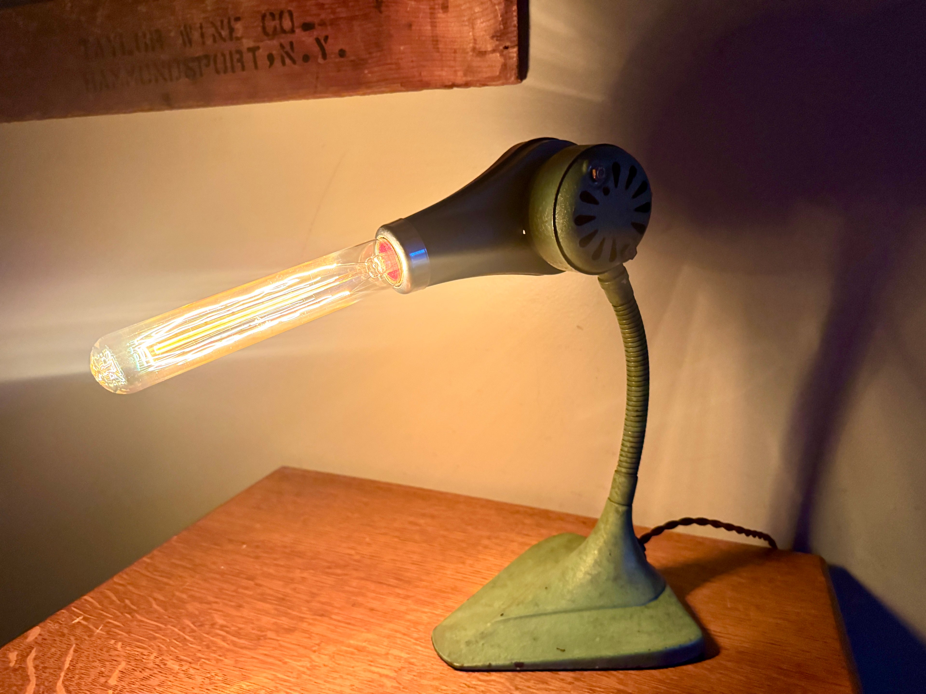 Vtg Repurposed Hair Dryer Lamp ~ Green Cast Iron Base Hair Dryer Lamp