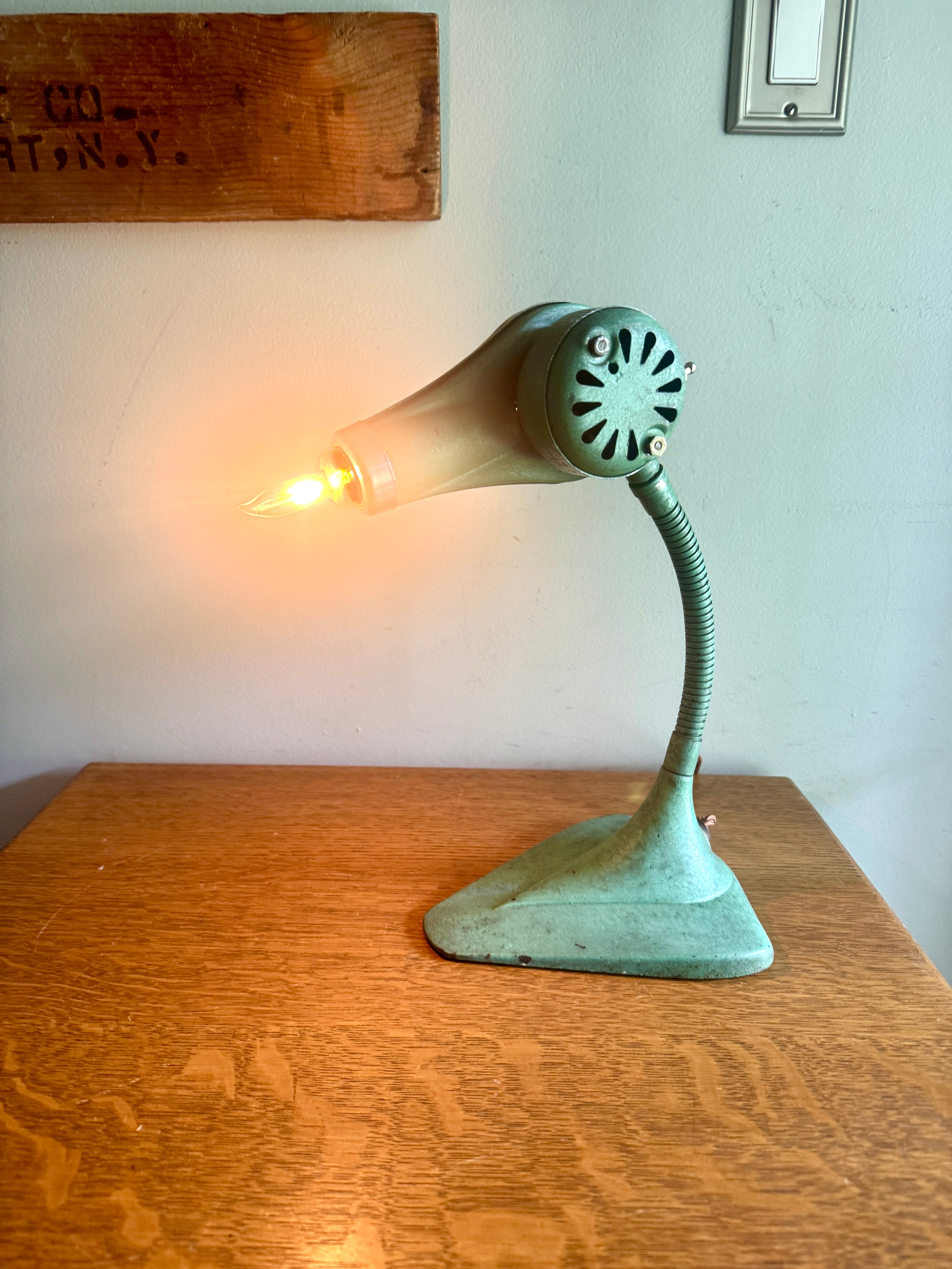 Vtg Repurposed Hair Dryer Lamp ~ Green Cast Iron Base Hair Dryer Lamp