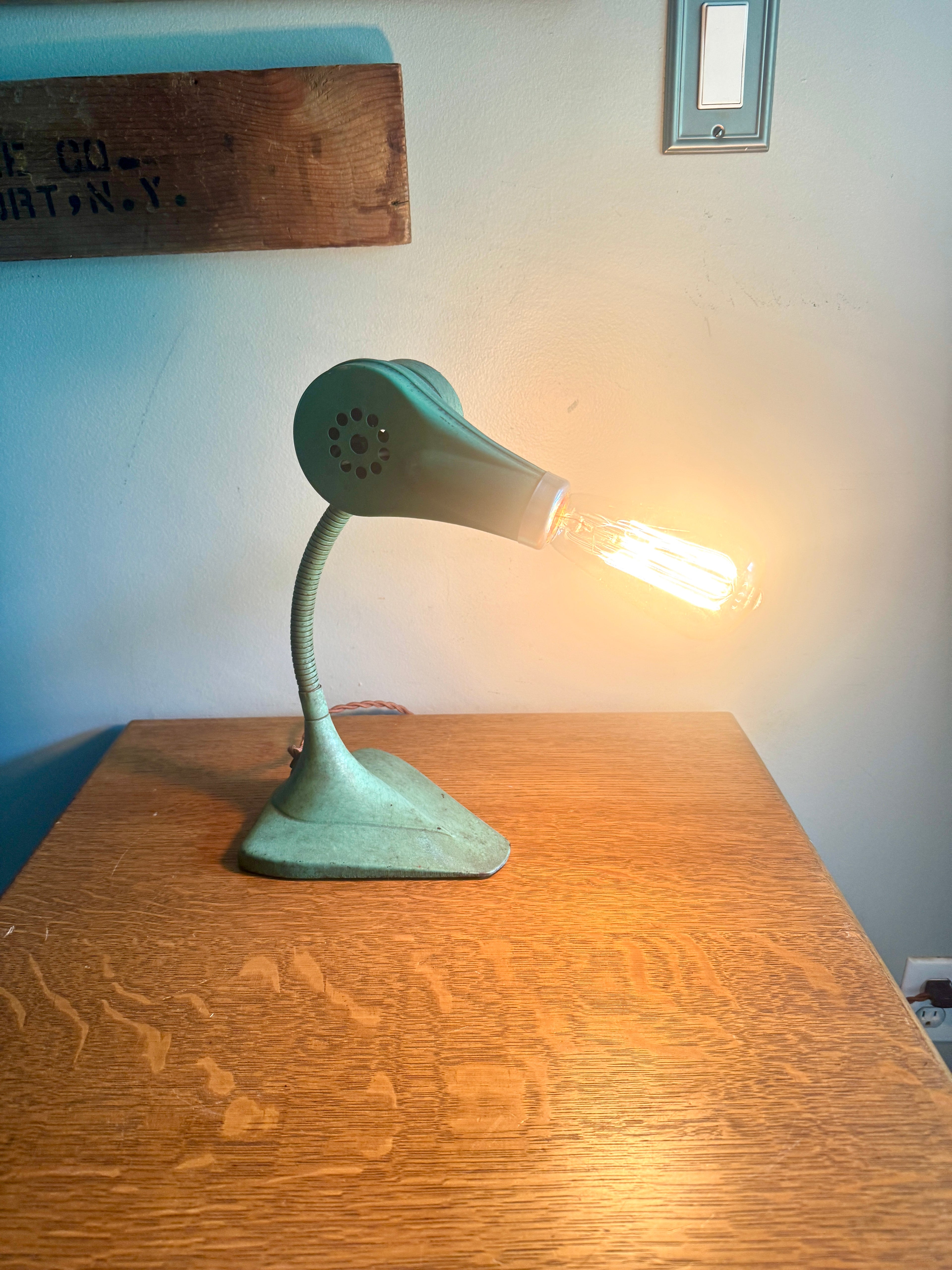 Vtg Repurposed Hair Dryer Lamp ~ Green Cast Iron Base Hair Dryer Lamp