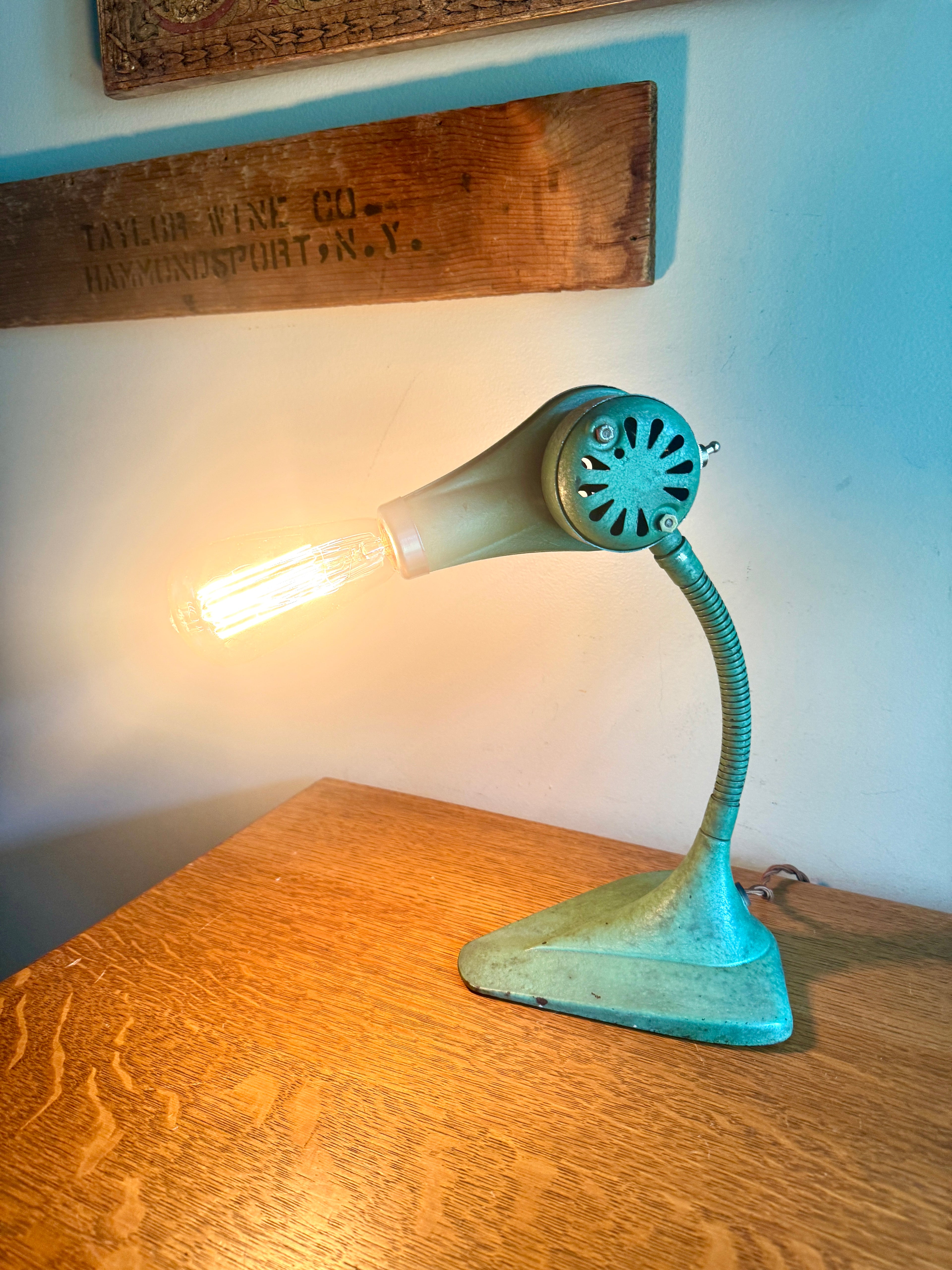 Vtg Repurposed Hair Dryer Lamp ~ Green Cast Iron Base Hair Dryer Lamp