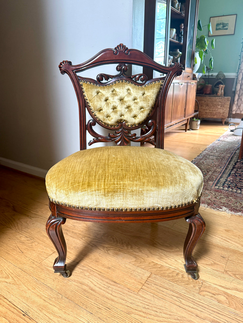 Antique Victorian Carved Upholstered Parlor Chair ~ Short Ornate Carved Wood Chair