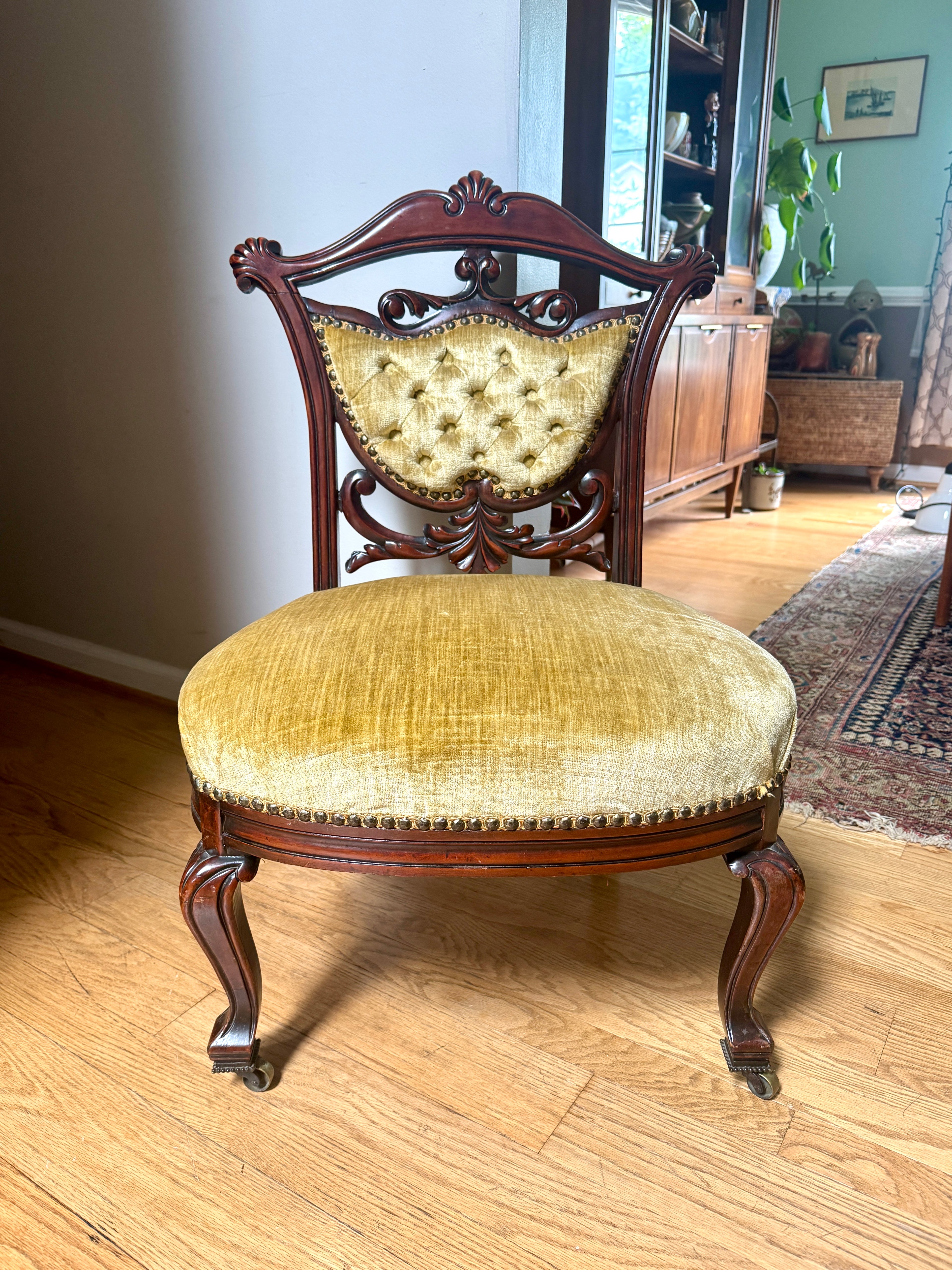 Antique Victorian Carved Upholstered Parlor Chair ~ Short Ornate Carved Wood Chair
