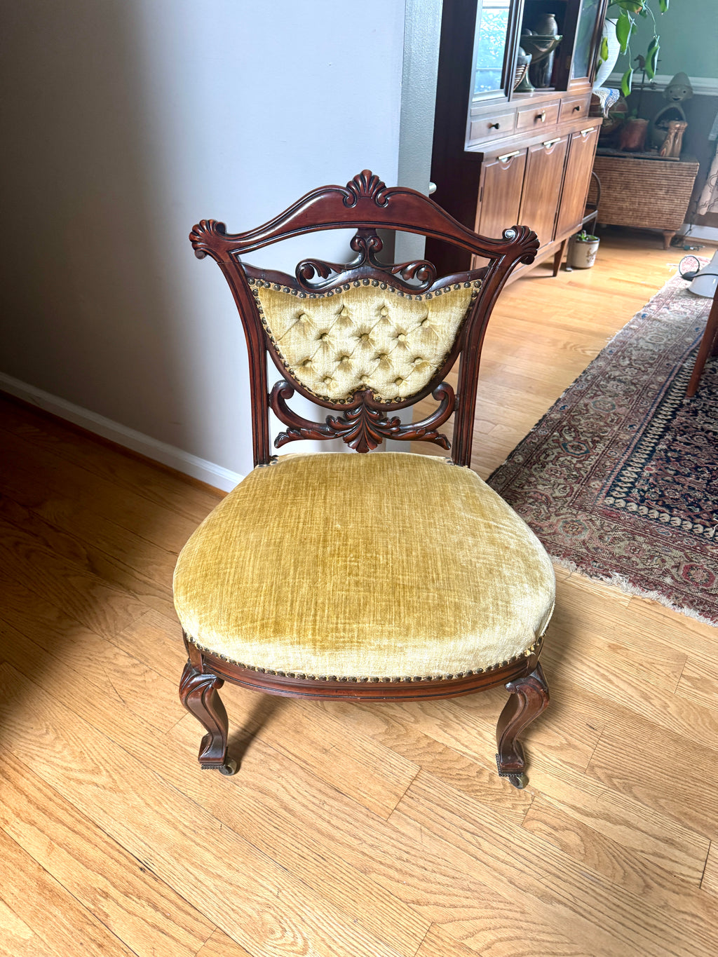 Antique Victorian Carved Upholstered Parlor Chair ~ Short Ornate Carved Wood Chair