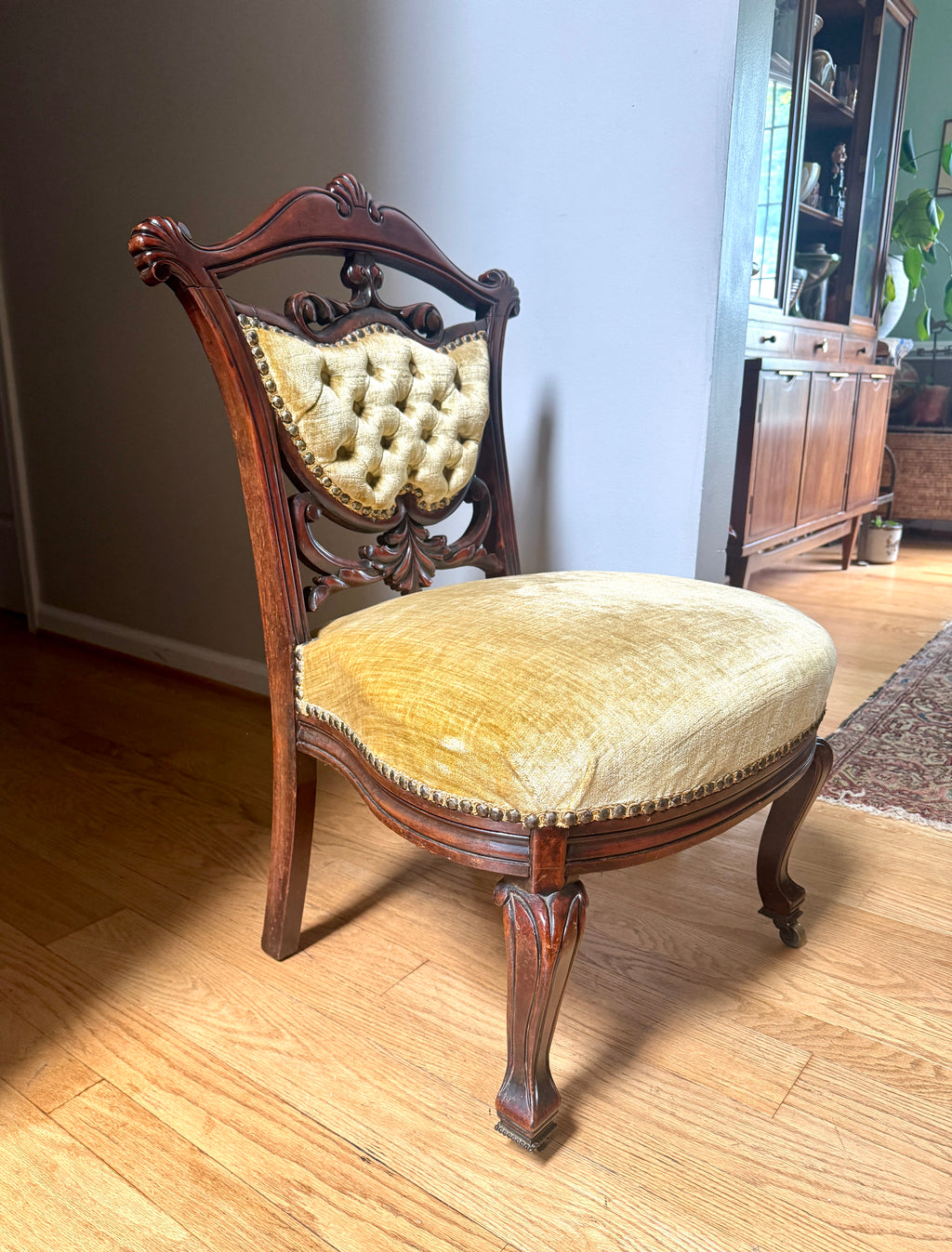 Antique Victorian Carved Upholstered Parlor Chair ~ Short Ornate Carved Wood Chair