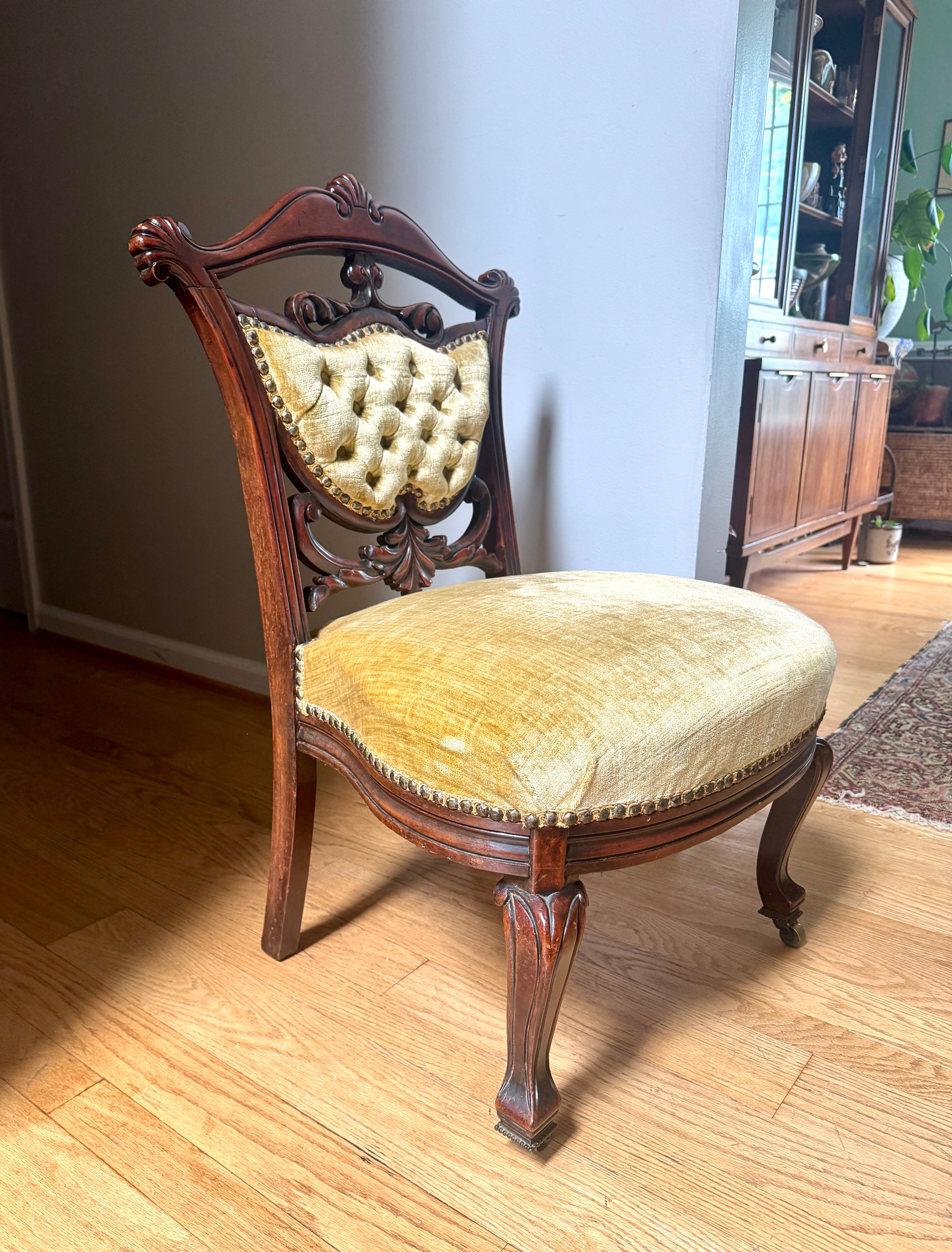 Antique Victorian Carved Upholstered Parlor Chair ~ Short Ornate Carved Wood Chair