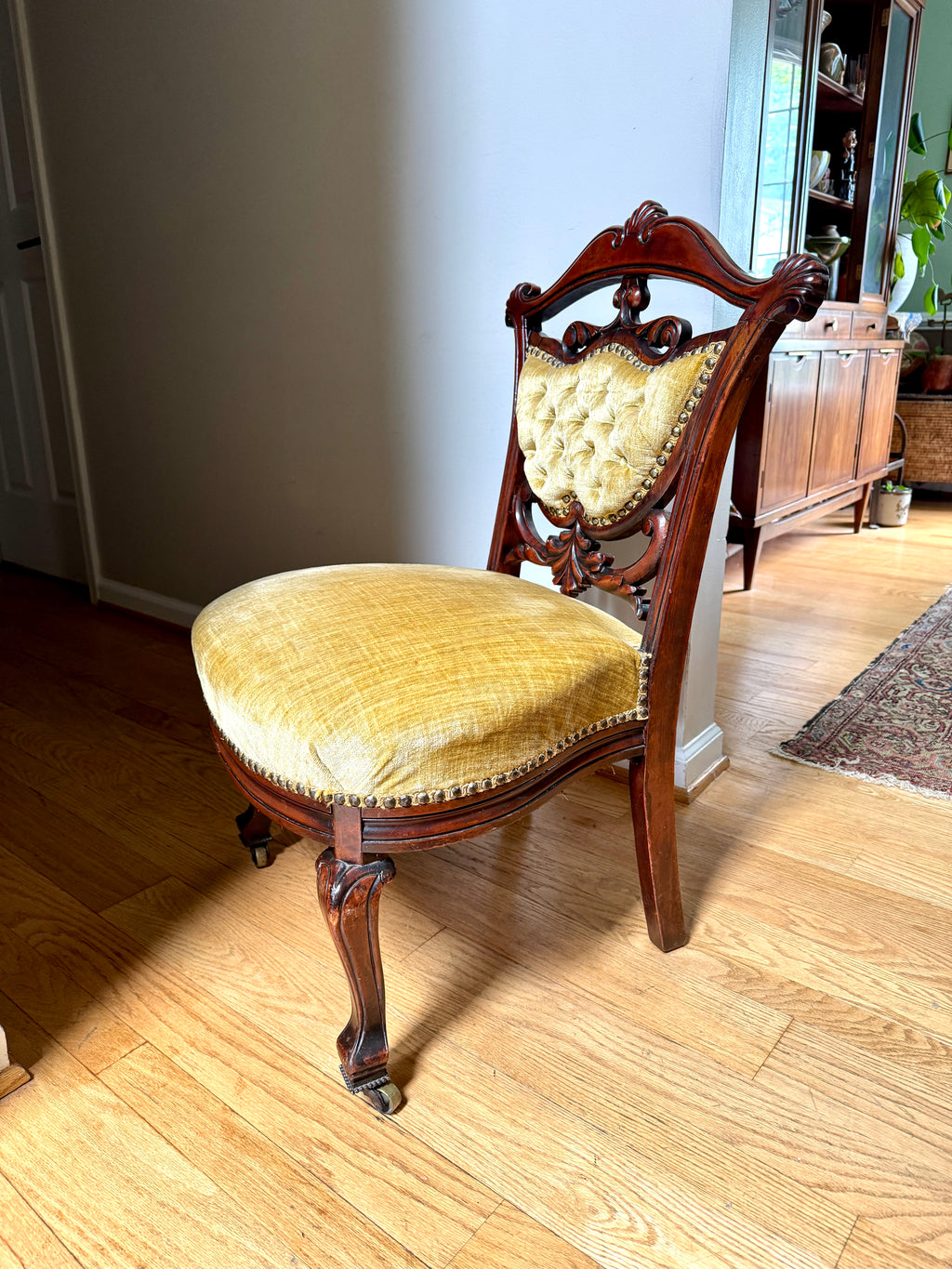 Antique Victorian Carved Upholstered Parlor Chair ~ Short Ornate Carved Wood Chair