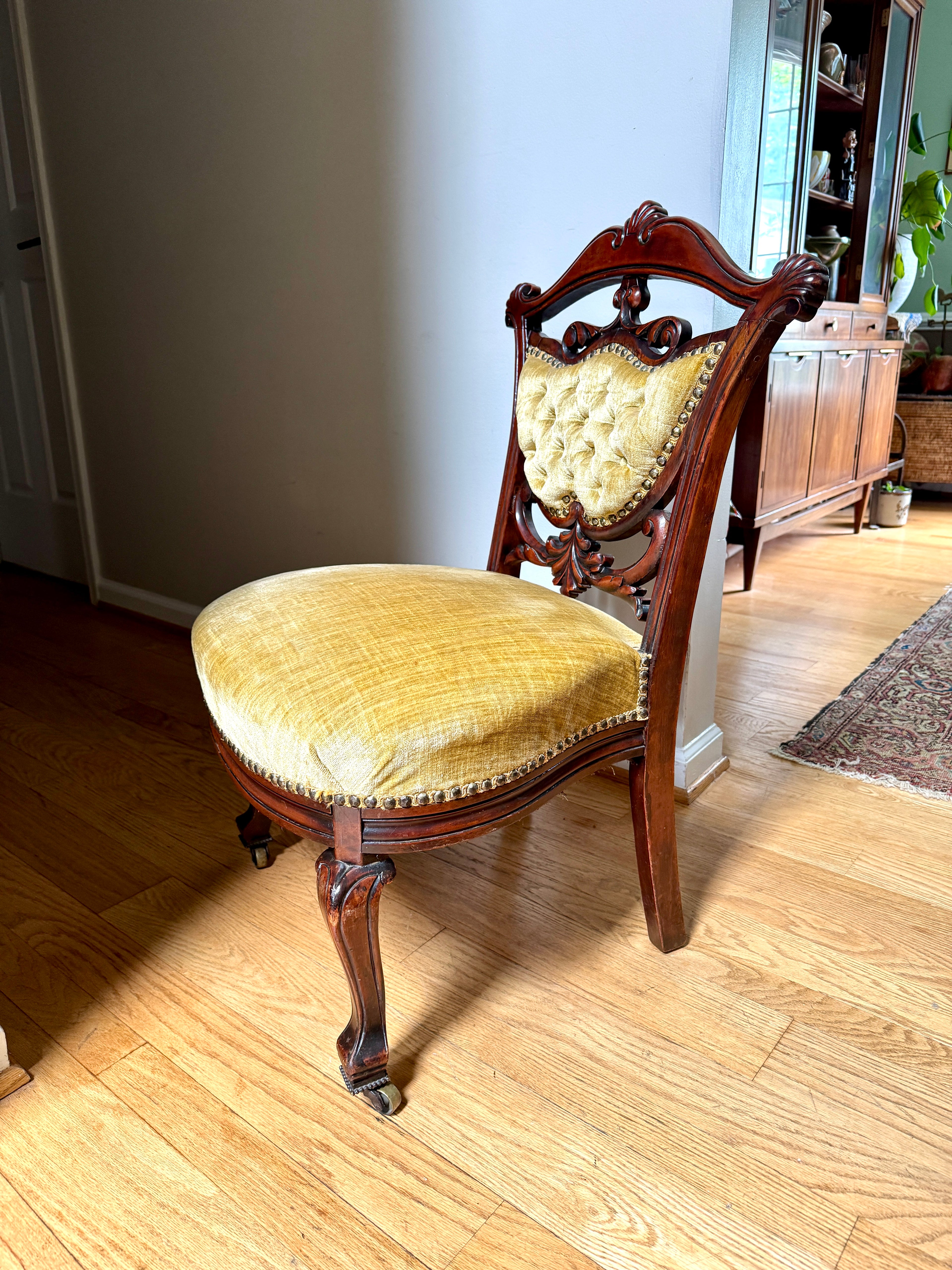 Antique Victorian Carved Upholstered Parlor Chair ~ Short Ornate Carved Wood Chair