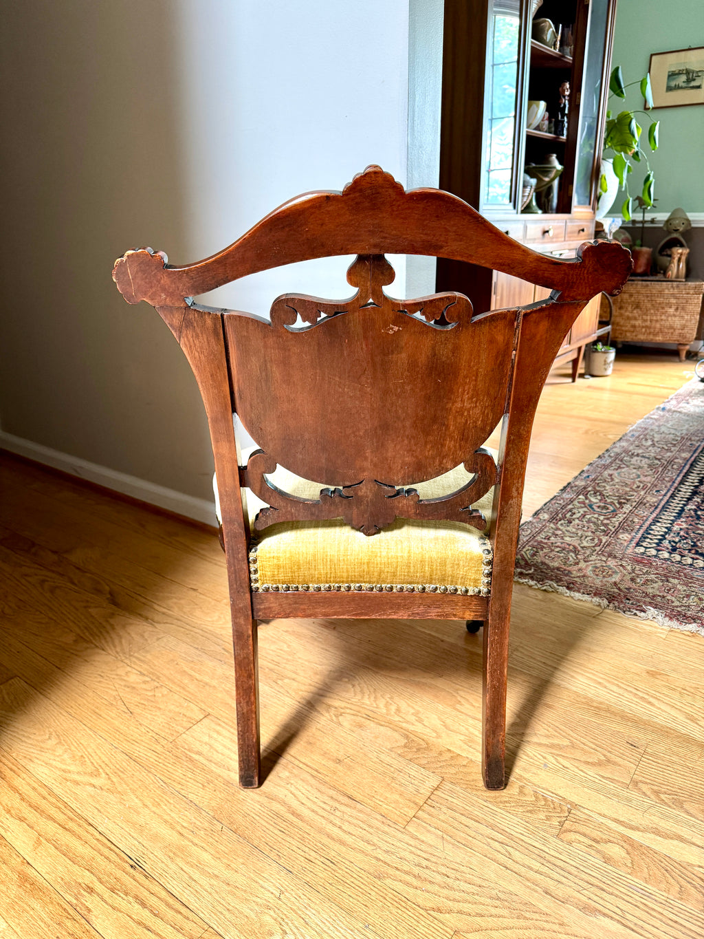 Antique Victorian Carved Upholstered Parlor Chair ~ Short Ornate Carved Wood Chair