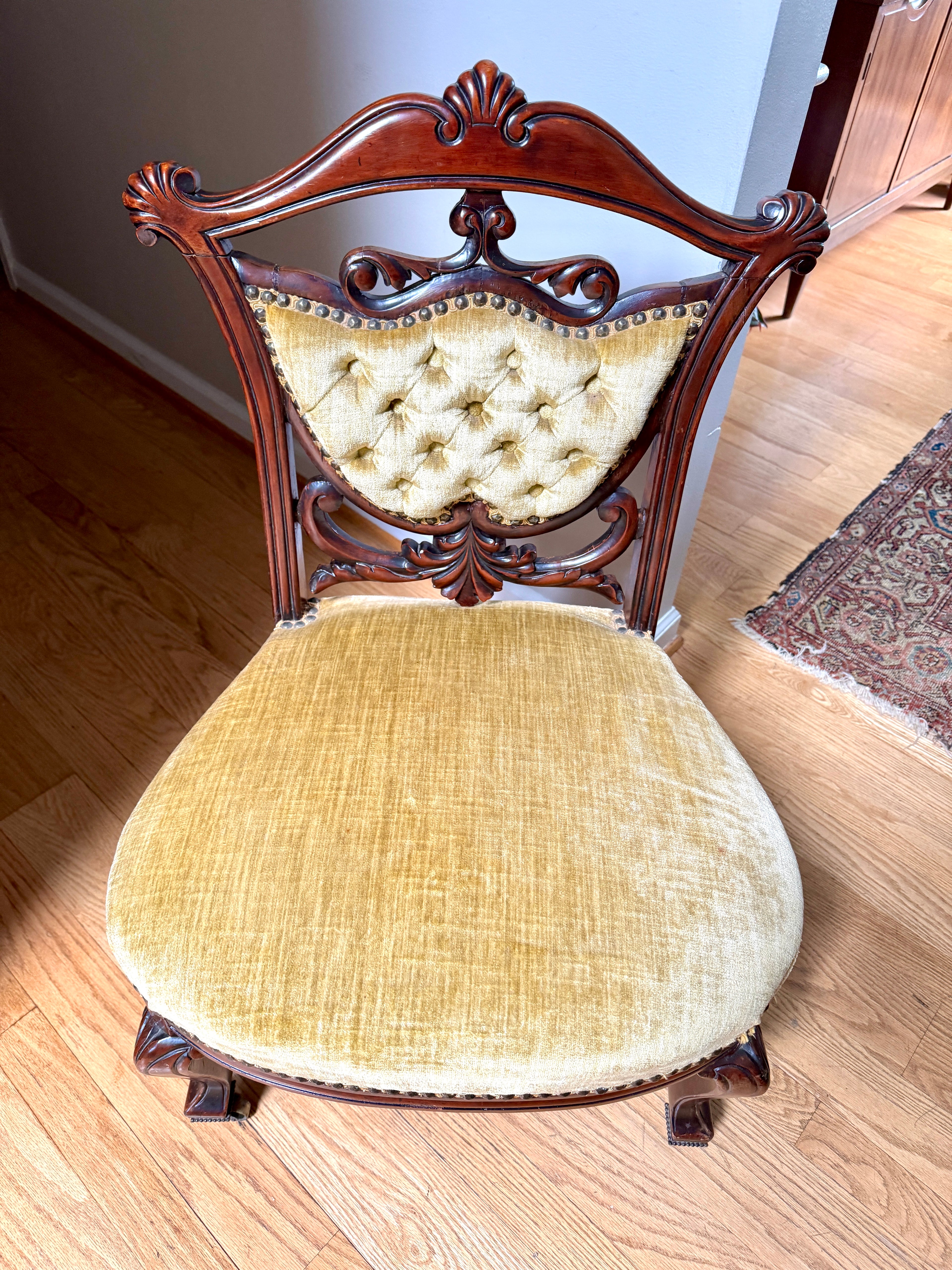 Antique Victorian Carved Upholstered Parlor Chair ~ Short Ornate Carved Wood Chair