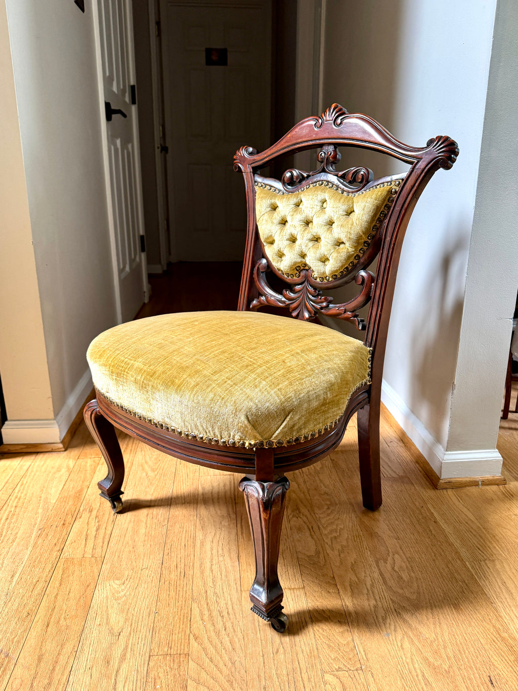 Antique Victorian Carved Upholstered Parlor Chair ~ Short Ornate Carved Wood Chair