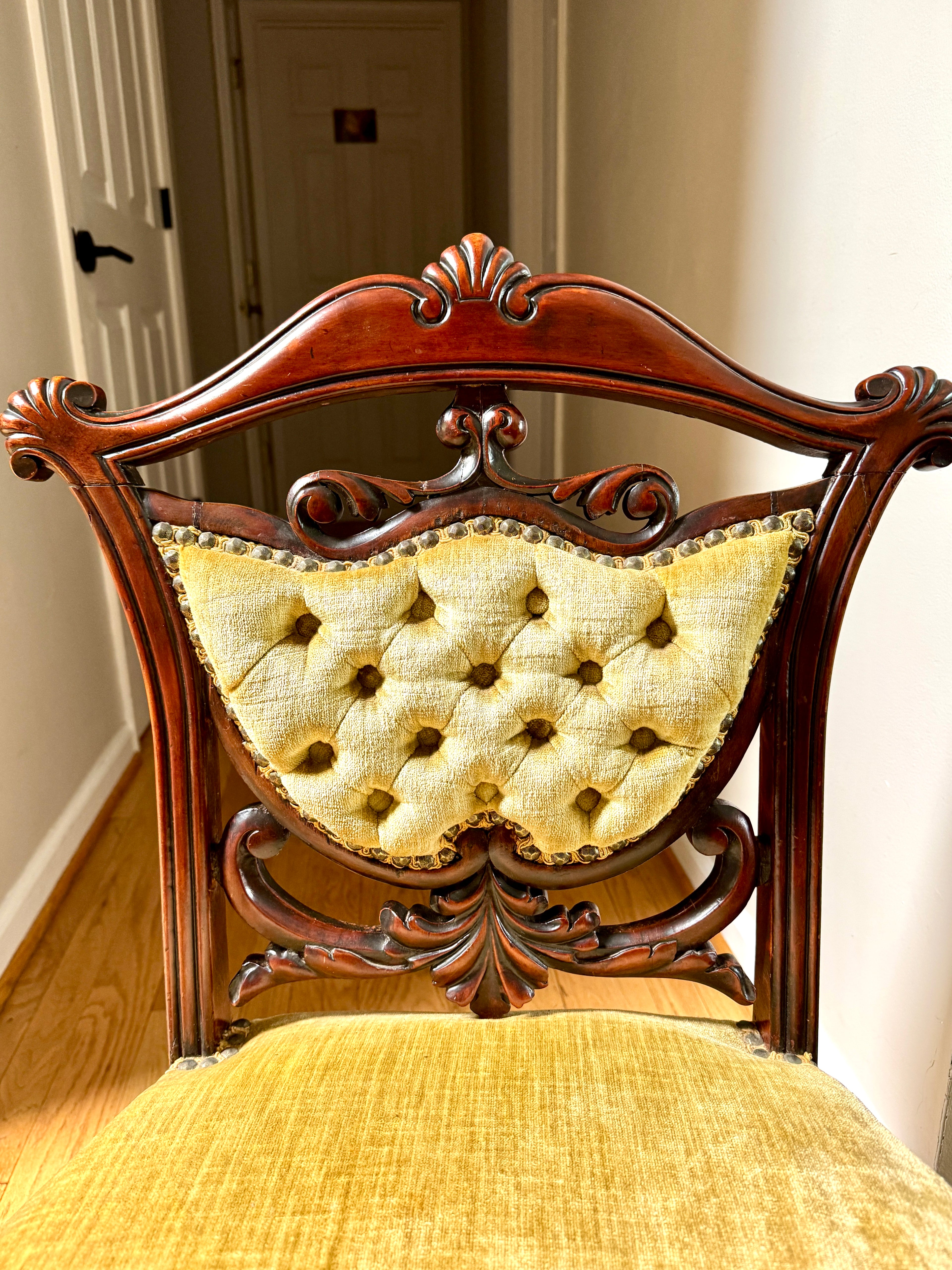 Antique Victorian Carved Upholstered Parlor Chair ~ Short Ornate Carved Wood Chair