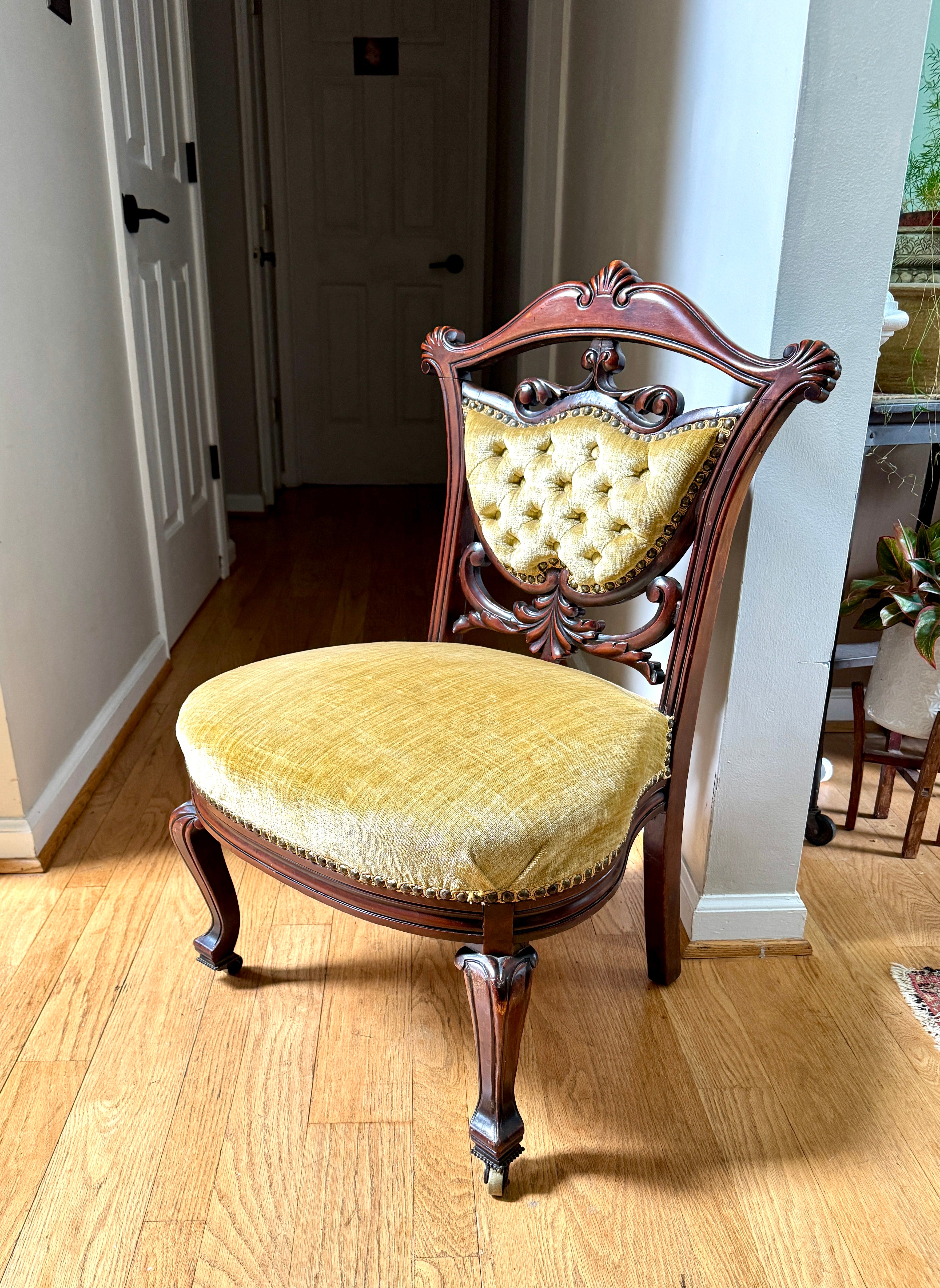 Antique Victorian Carved Upholstered Parlor Chair ~ Short Ornate Carved Wood Chair