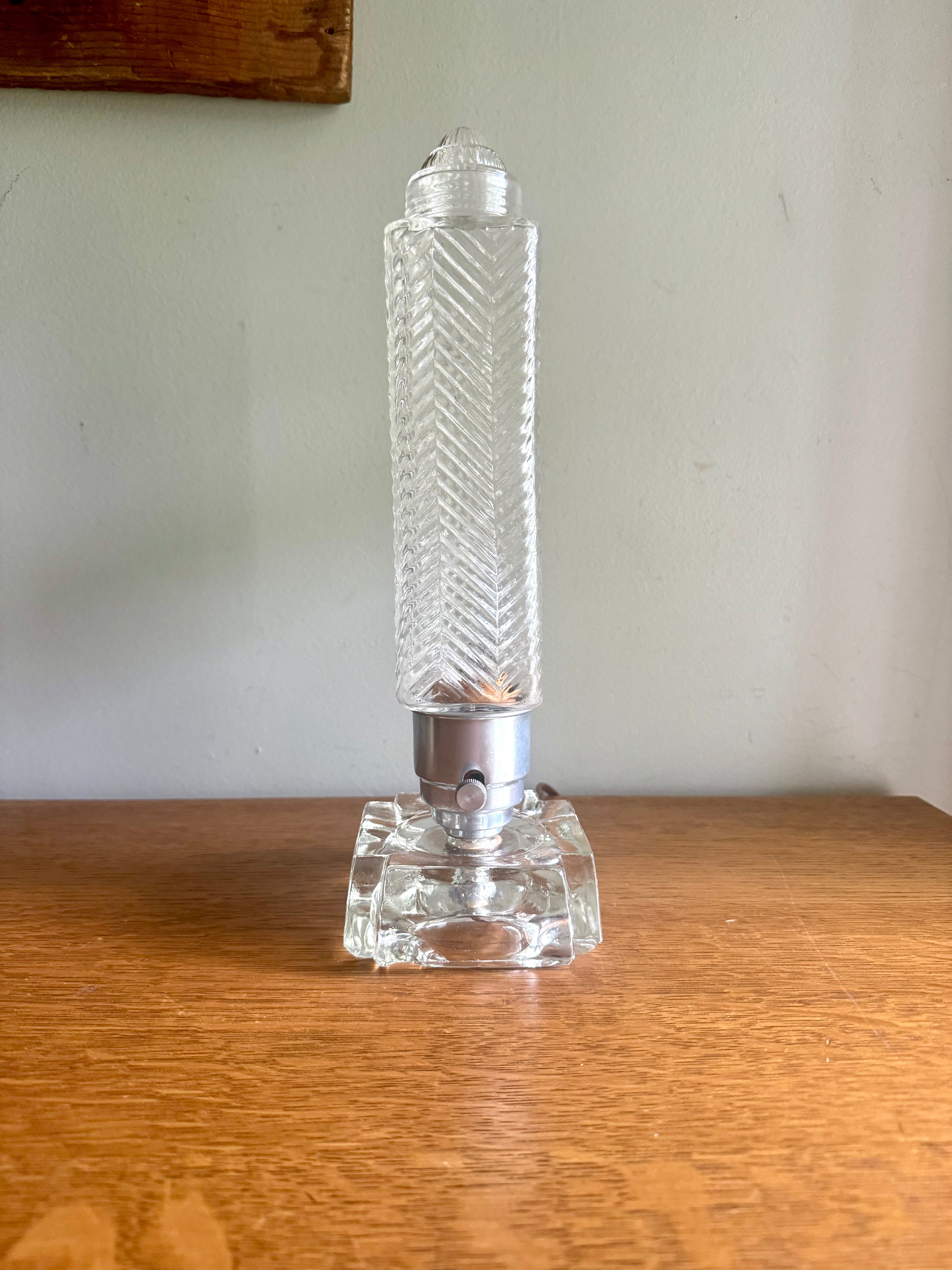 50's  Ribbed Glass Art Deco Boudoir Lamp | Glass and Aluminum Skyscraper Lamp | Glass Torpedo Lamp | Art Deco Bullet Torpedo Glass Lamp