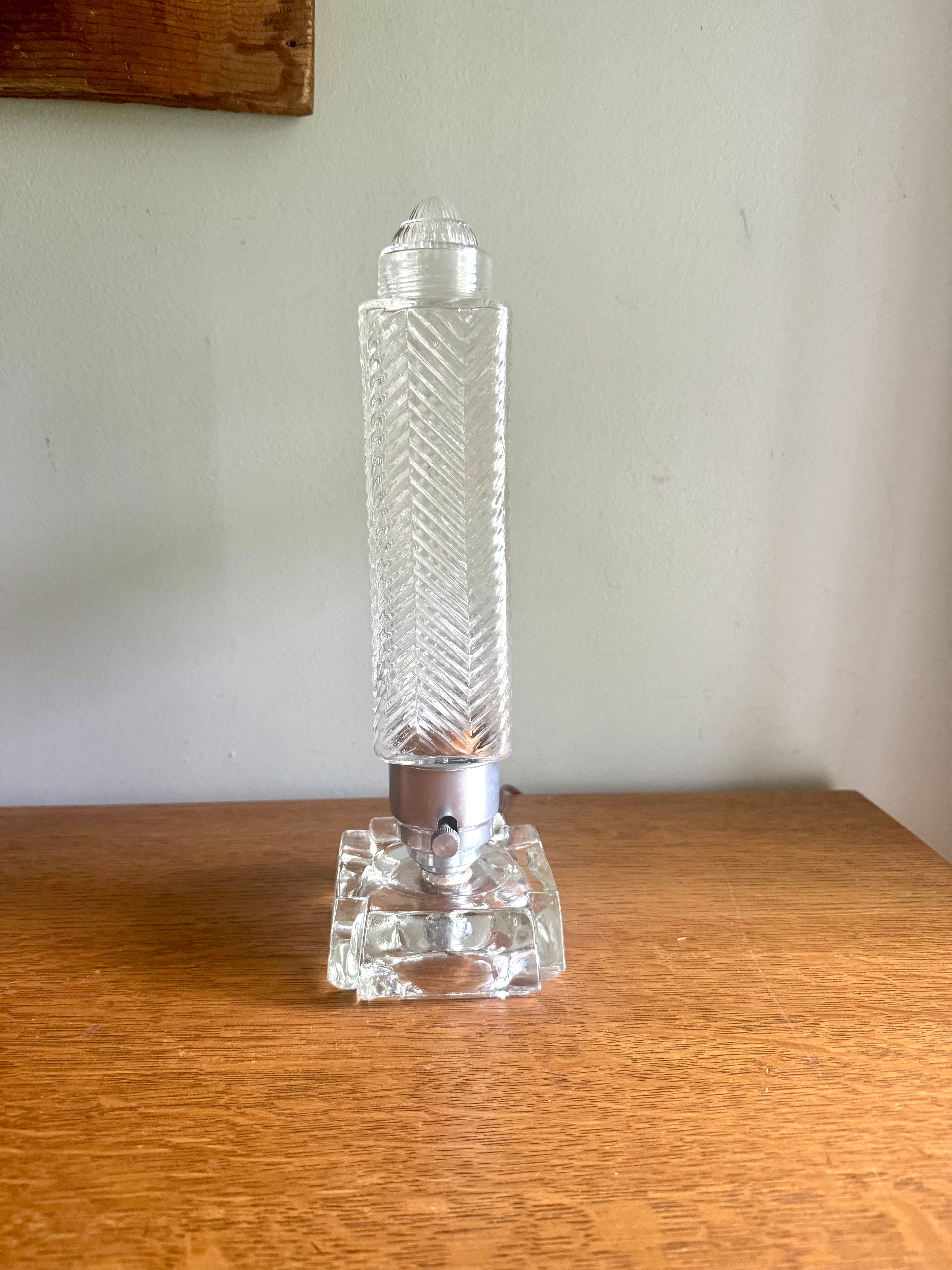 50's  Ribbed Glass Art Deco Boudoir Lamp | Glass and Aluminum Skyscraper Lamp | Glass Torpedo Lamp | Art Deco Bullet Torpedo Glass Lamp