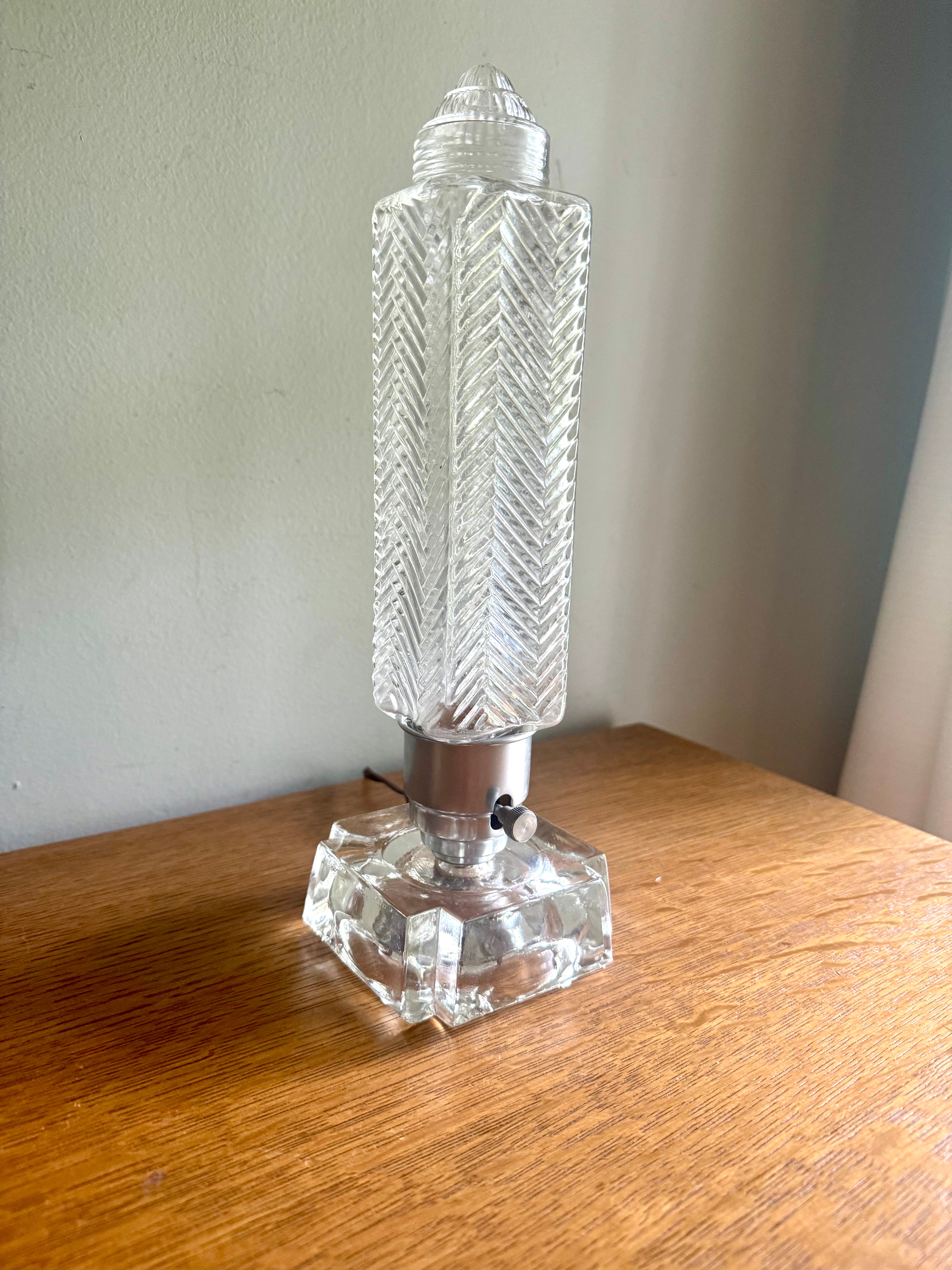 50's  Ribbed Glass Art Deco Boudoir Lamp | Glass and Aluminum Skyscraper Lamp | Glass Torpedo Lamp | Art Deco Bullet Torpedo Glass Lamp