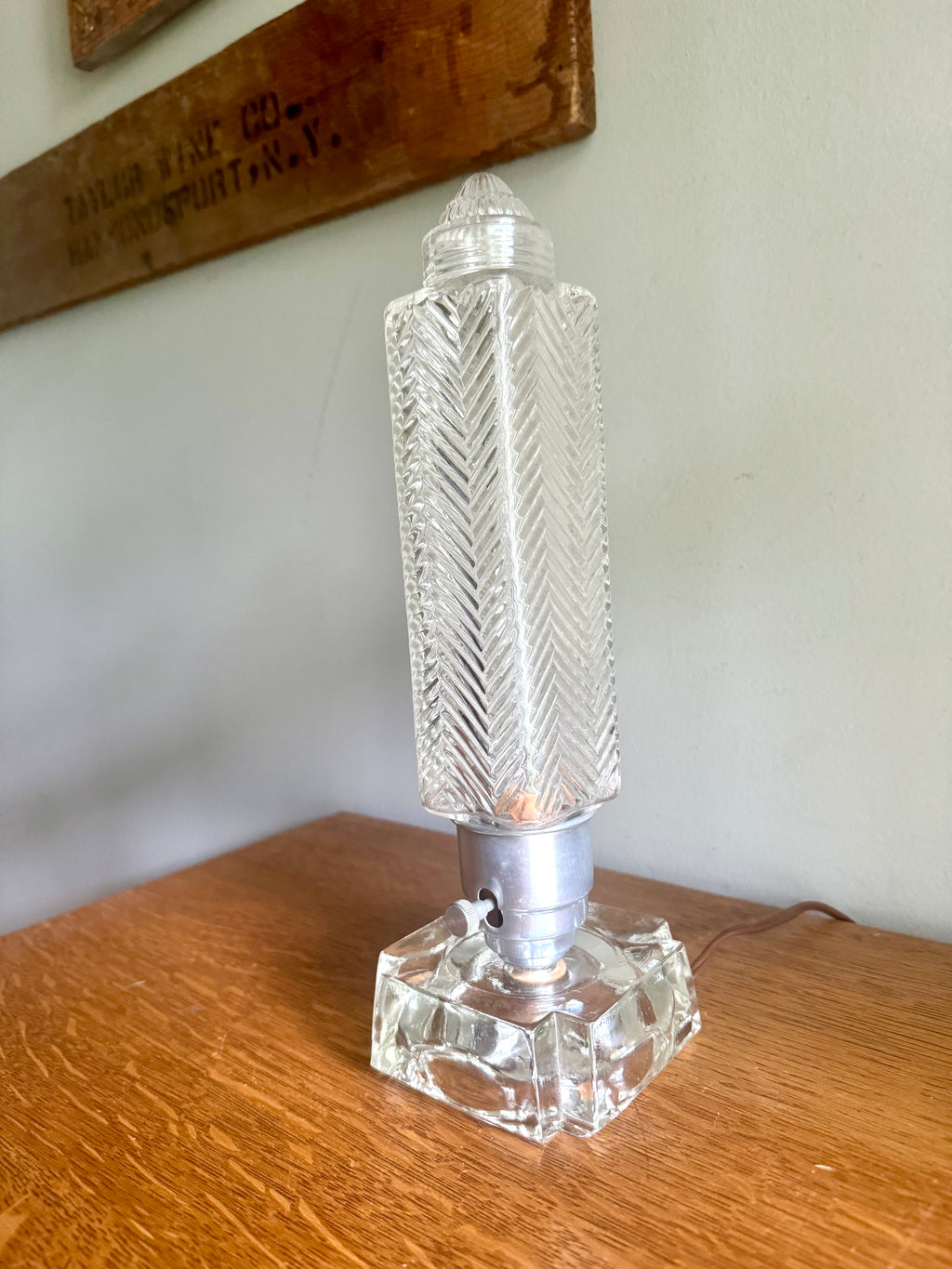 50's  Ribbed Glass Art Deco Boudoir Lamp | Glass and Aluminum Skyscraper Lamp | Glass Torpedo Lamp | Art Deco Bullet Torpedo Glass Lamp
