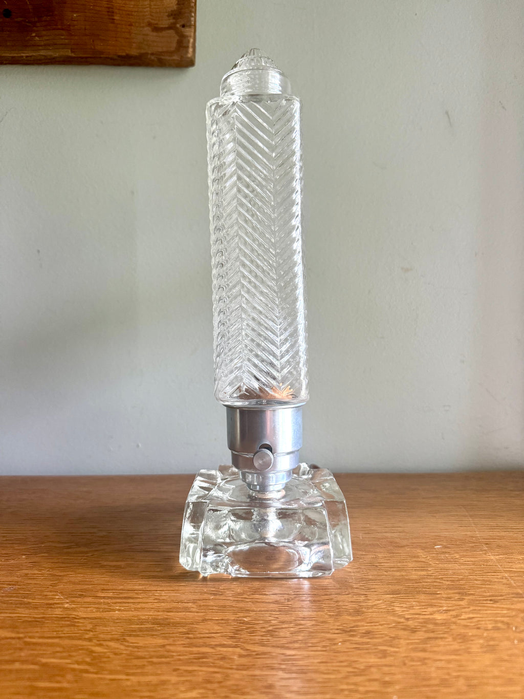 50's  Ribbed Glass Art Deco Boudoir Lamp | Glass and Aluminum Skyscraper Lamp | Glass Torpedo Lamp | Art Deco Bullet Torpedo Glass Lamp