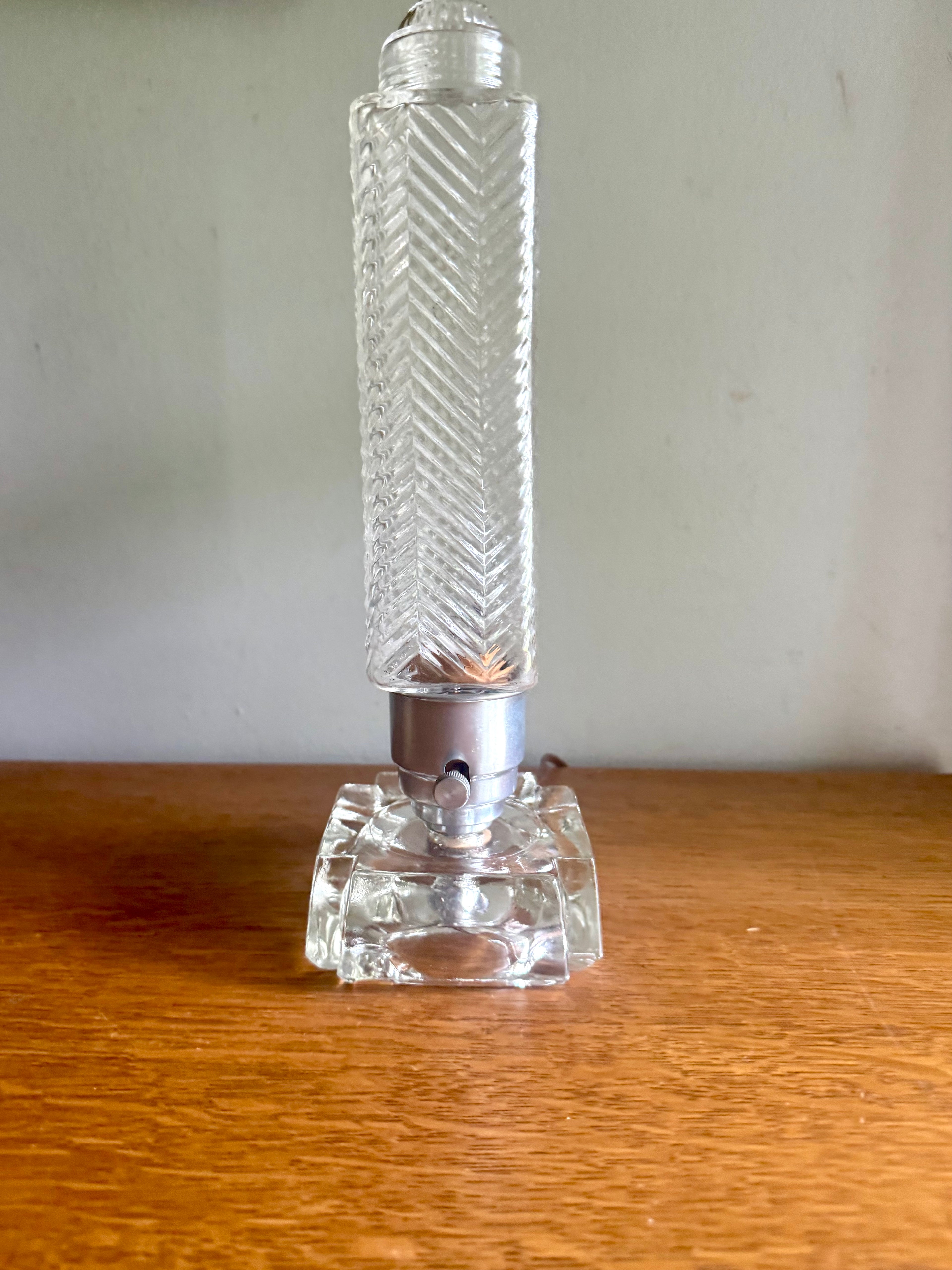 50's  Ribbed Glass Art Deco Boudoir Lamp | Glass and Aluminum Skyscraper Lamp | Glass Torpedo Lamp | Art Deco Bullet Torpedo Glass Lamp