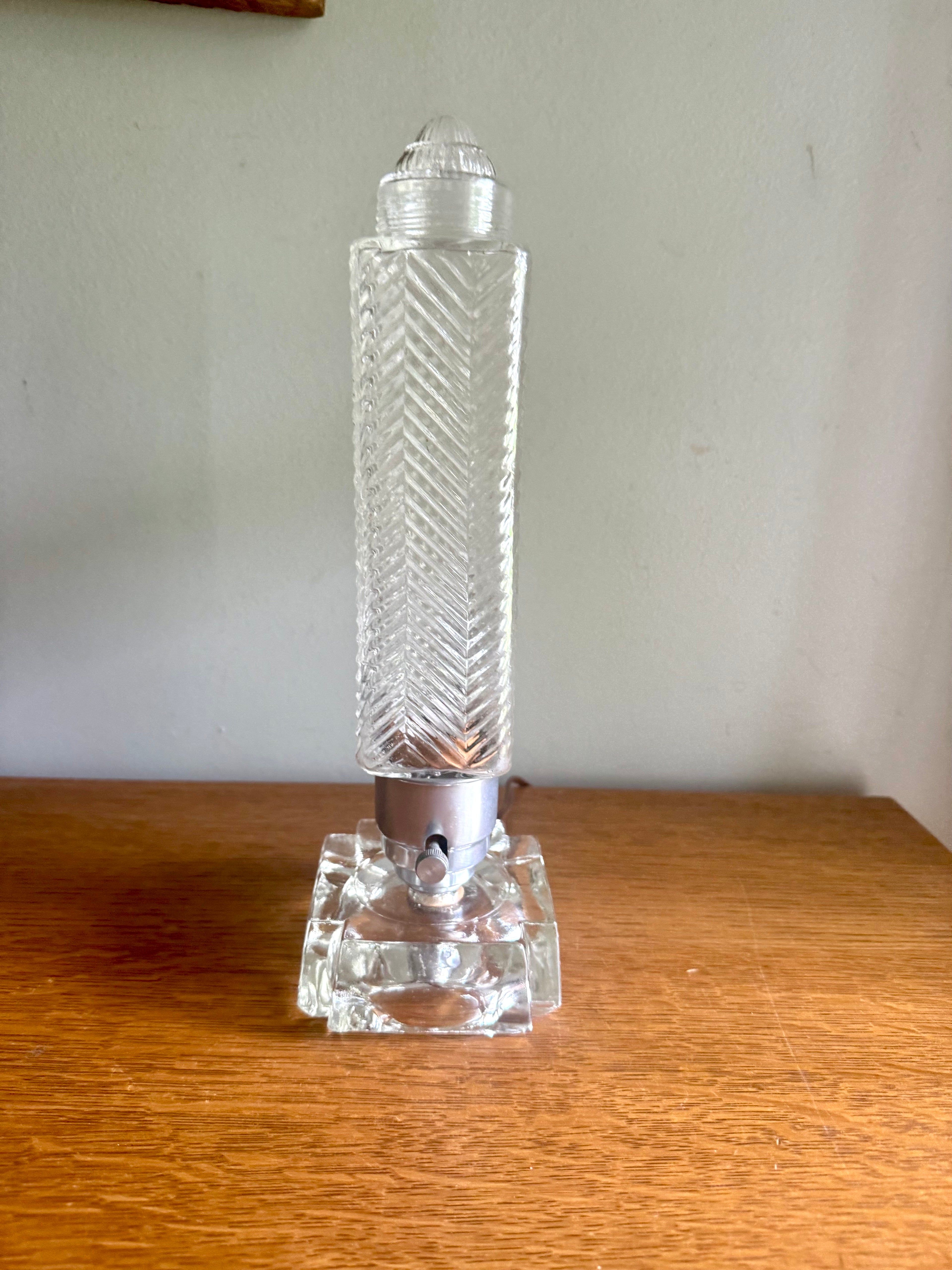 50's  Ribbed Glass Art Deco Boudoir Lamp | Glass and Aluminum Skyscraper Lamp | Glass Torpedo Lamp | Art Deco Bullet Torpedo Glass Lamp