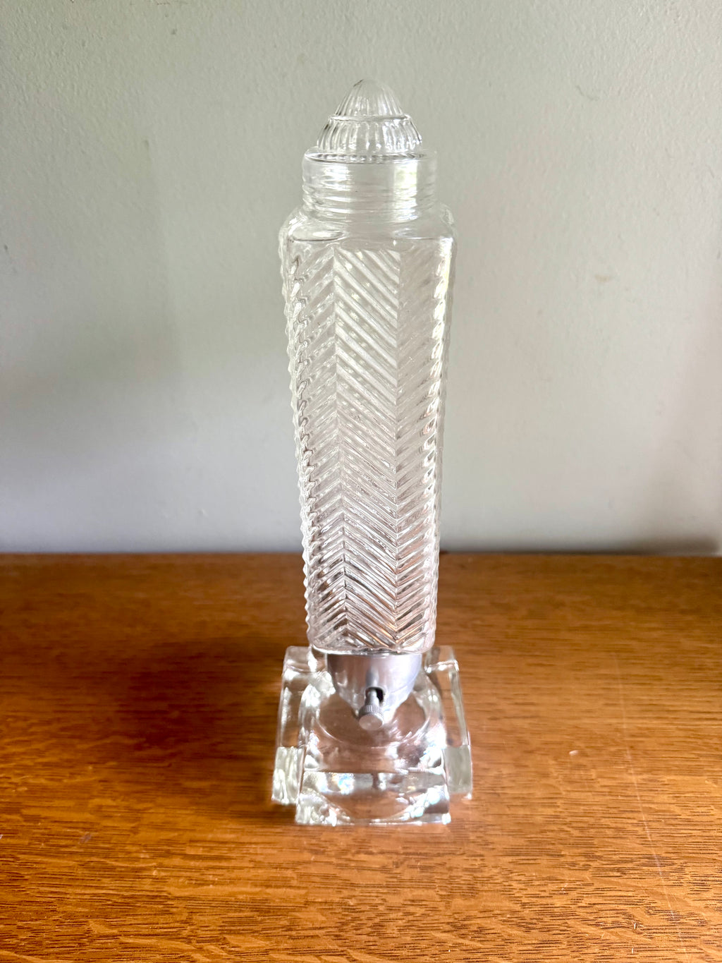 50's  Ribbed Glass Art Deco Boudoir Lamp | Glass and Aluminum Skyscraper Lamp | Glass Torpedo Lamp | Art Deco Bullet Torpedo Glass Lamp