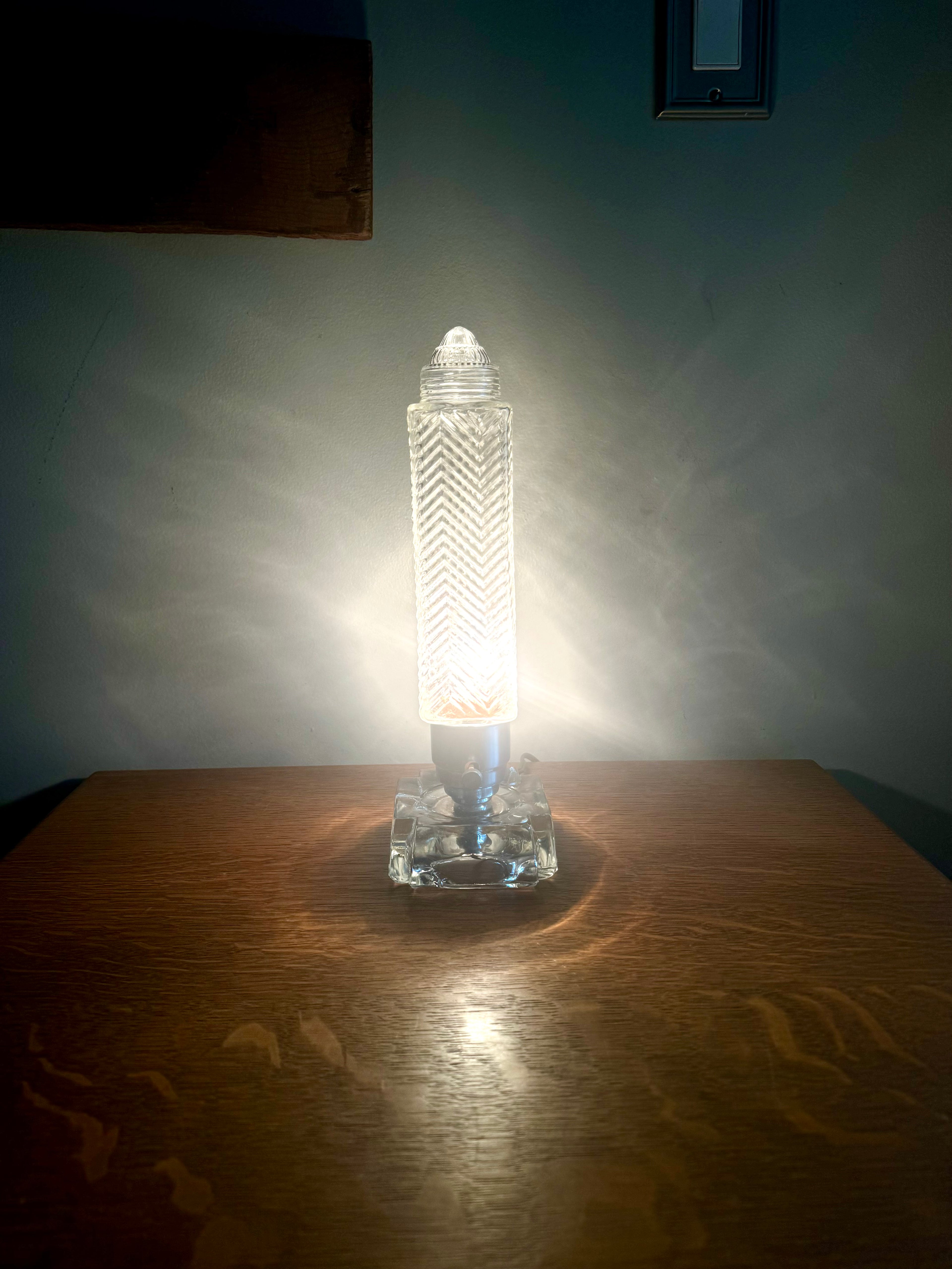 50's  Ribbed Glass Art Deco Boudoir Lamp | Glass and Aluminum Skyscraper Lamp | Glass Torpedo Lamp | Art Deco Bullet Torpedo Glass Lamp