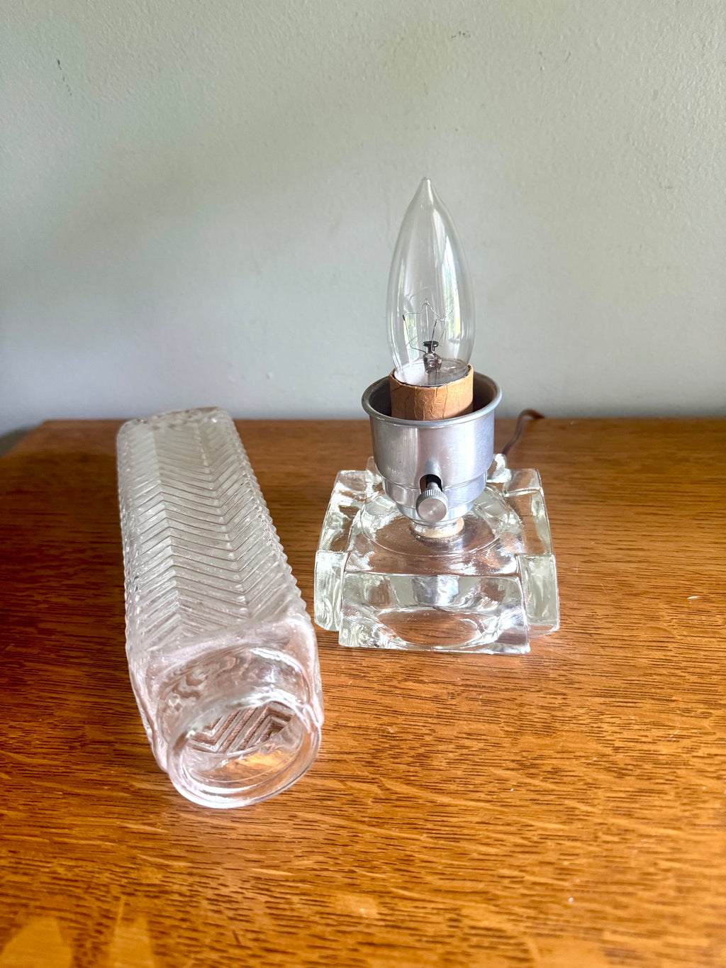 50's  Ribbed Glass Art Deco Boudoir Lamp | Glass and Aluminum Skyscraper Lamp | Glass Torpedo Lamp | Art Deco Bullet Torpedo Glass Lamp