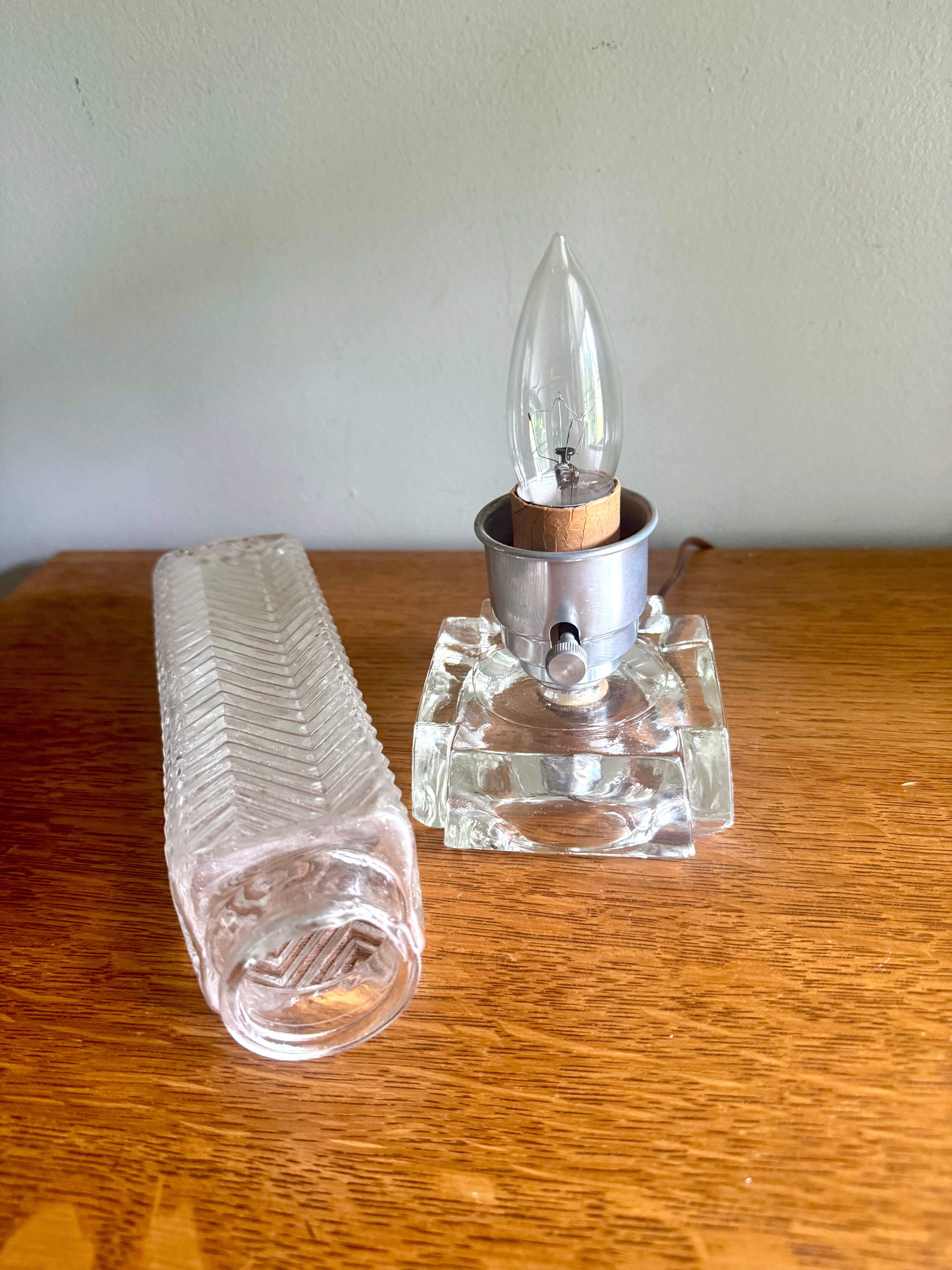 50's  Ribbed Glass Art Deco Boudoir Lamp | Glass and Aluminum Skyscraper Lamp | Glass Torpedo Lamp | Art Deco Bullet Torpedo Glass Lamp