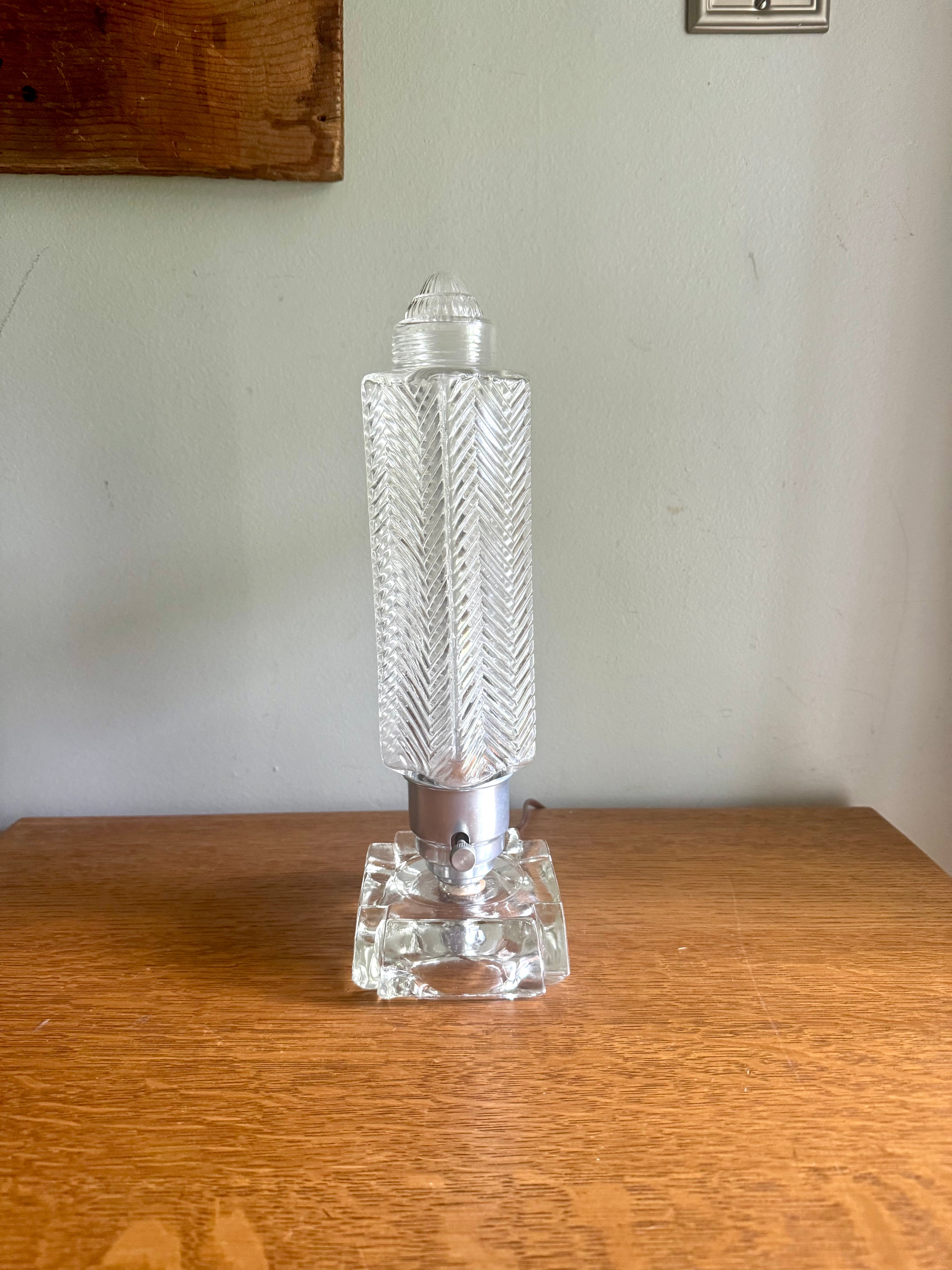 50's  Ribbed Glass Art Deco Boudoir Lamp | Glass and Aluminum Skyscraper Lamp | Glass Torpedo Lamp | Art Deco Bullet Torpedo Glass Lamp
