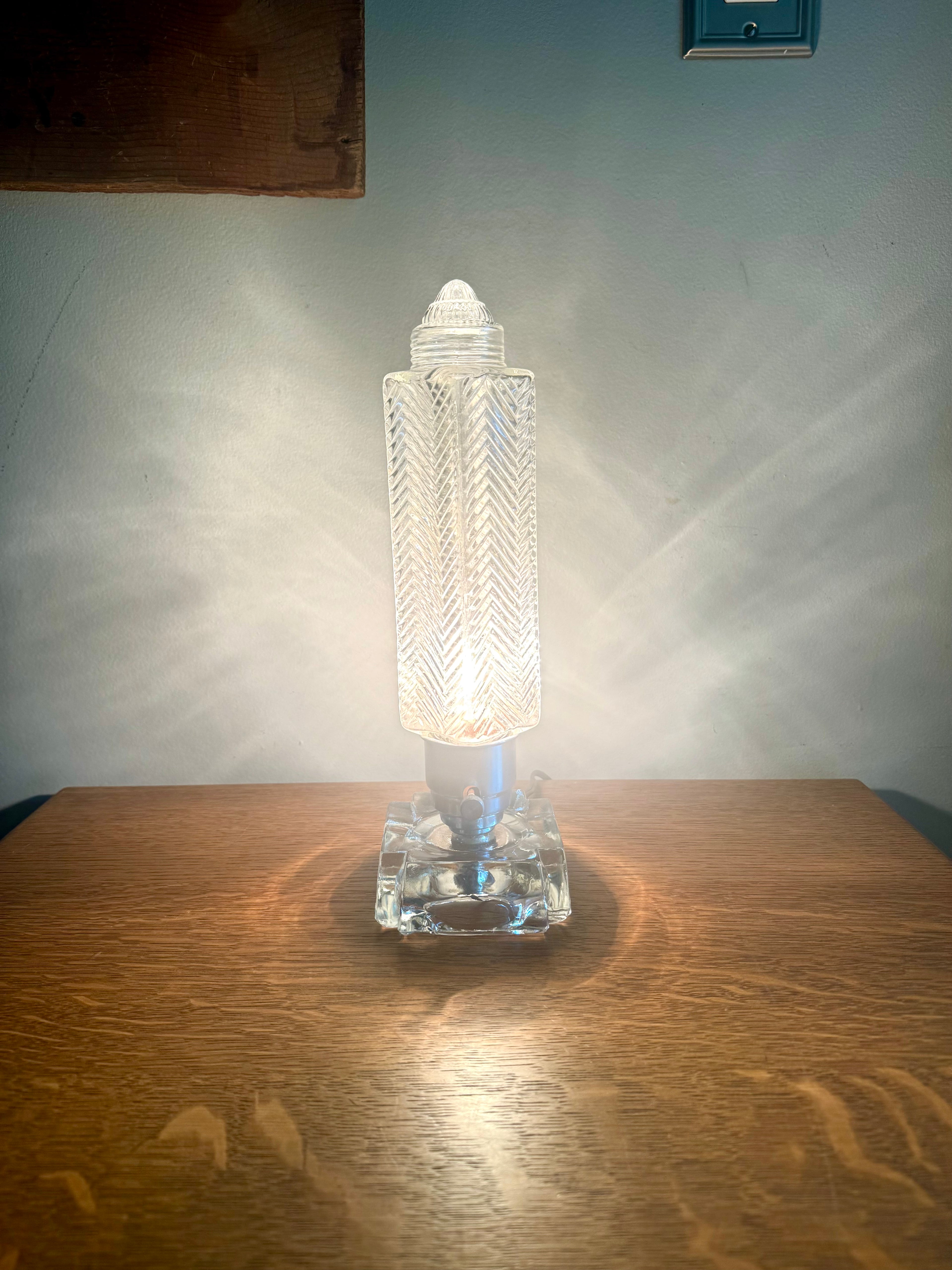 50's  Ribbed Glass Art Deco Boudoir Lamp | Glass and Aluminum Skyscraper Lamp | Glass Torpedo Lamp | Art Deco Bullet Torpedo Glass Lamp