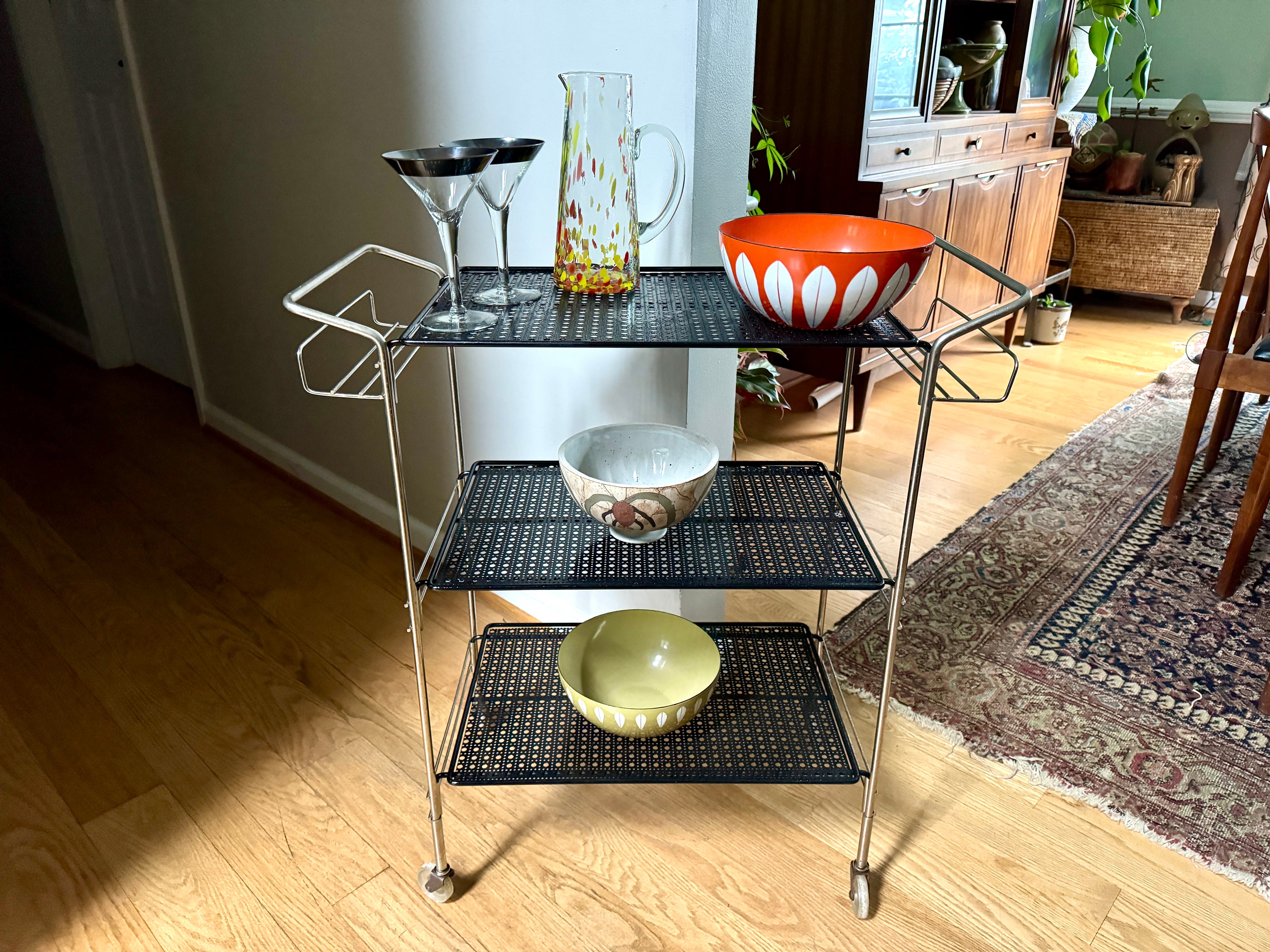 MCM Perforated Metal Bar Cart ~ Black Metal and Silver Framed Bar Cart ~ Mathieu Mategot Style