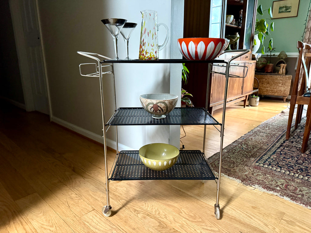 MCM Perforated Metal Bar Cart ~ Black Metal and Silver Framed Bar Cart ~ Mathieu Mategot Style