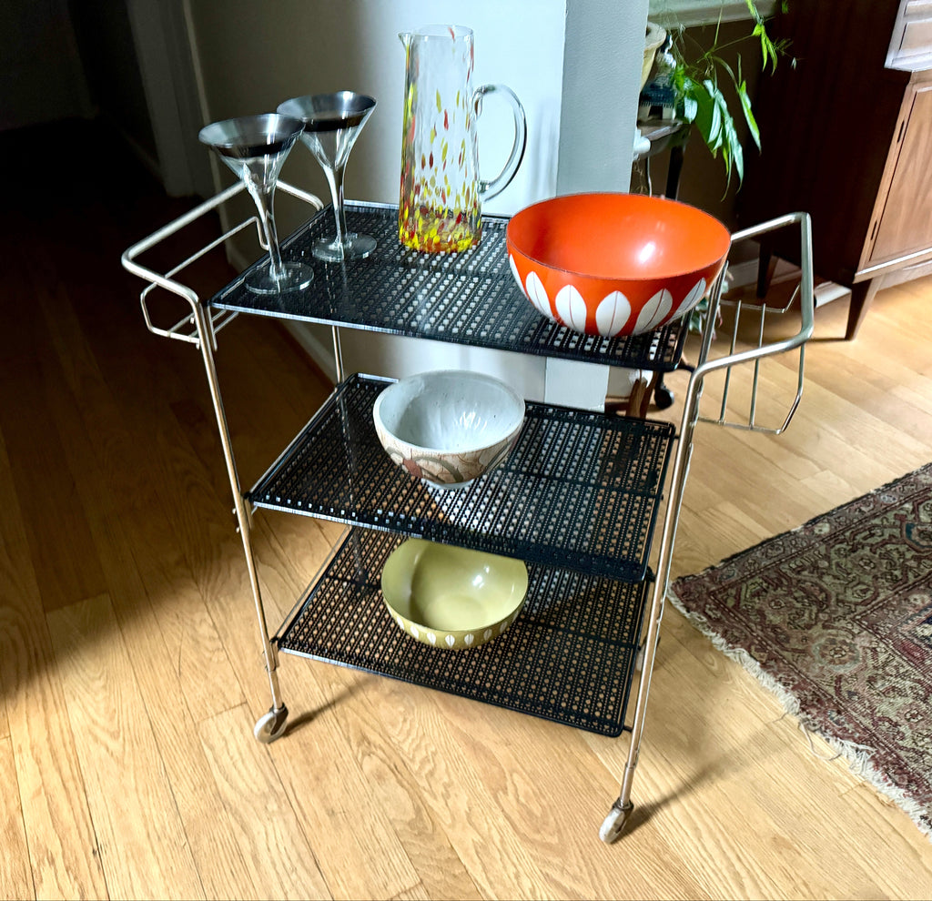 MCM Perforated Metal Bar Cart ~ Black Metal and Silver Framed Bar Cart ~ Mathieu Mategot Style
