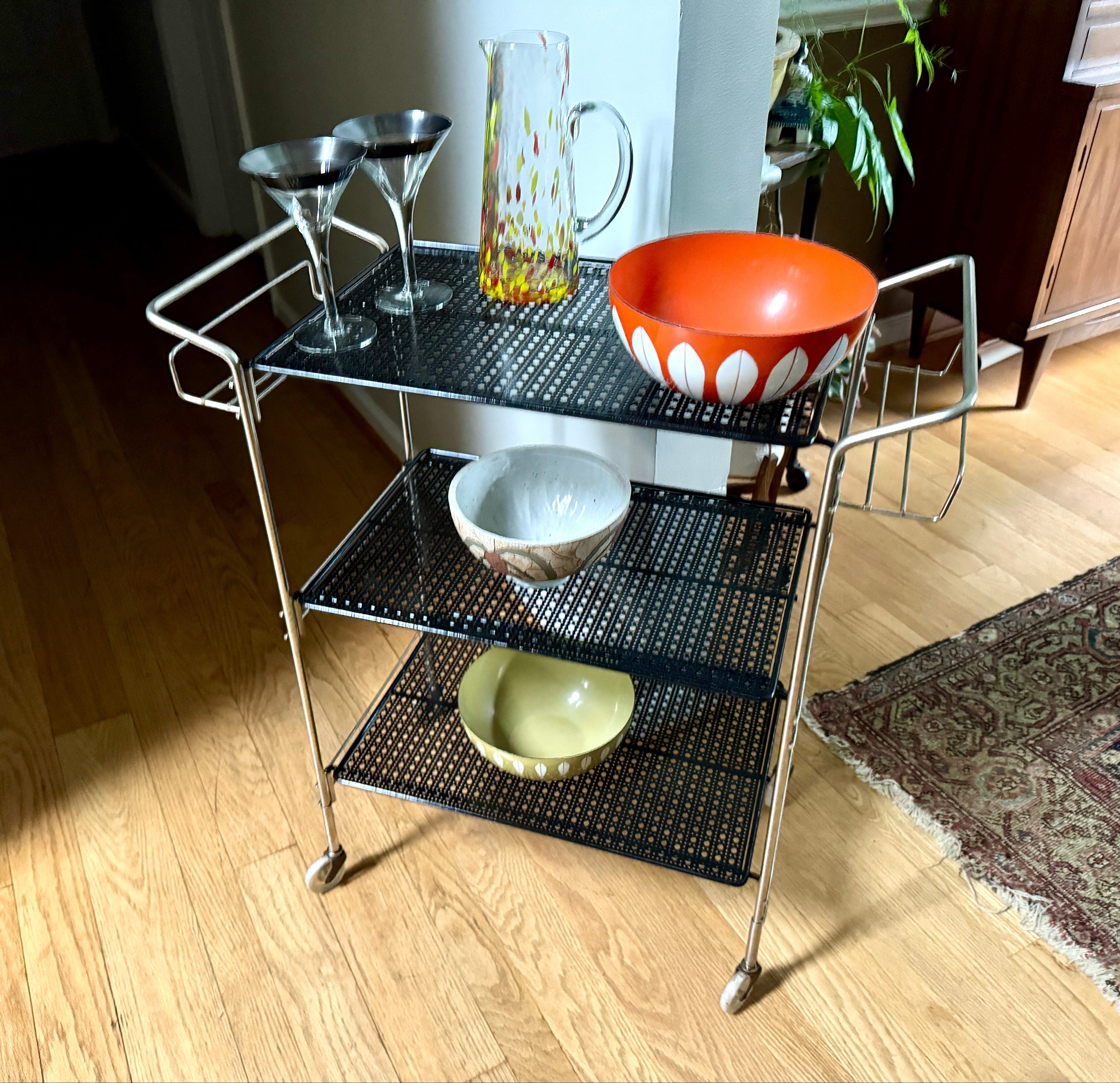MCM Perforated Metal Bar Cart ~ Black Metal and Silver Framed Bar Cart ~ Mathieu Mategot Style
