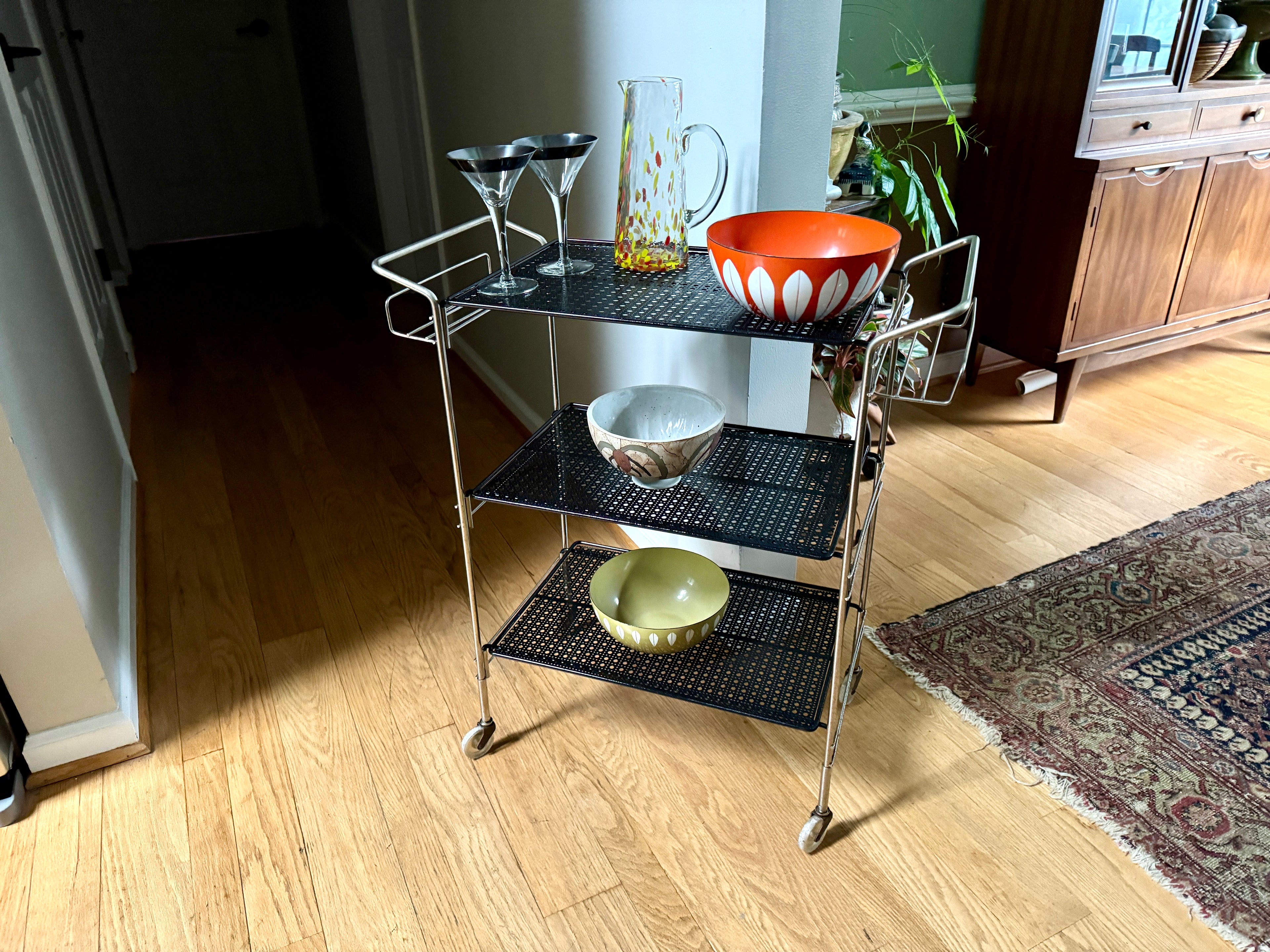 MCM Perforated Metal Bar Cart ~ Black Metal and Silver Framed Bar Cart ~ Mathieu Mategot Style