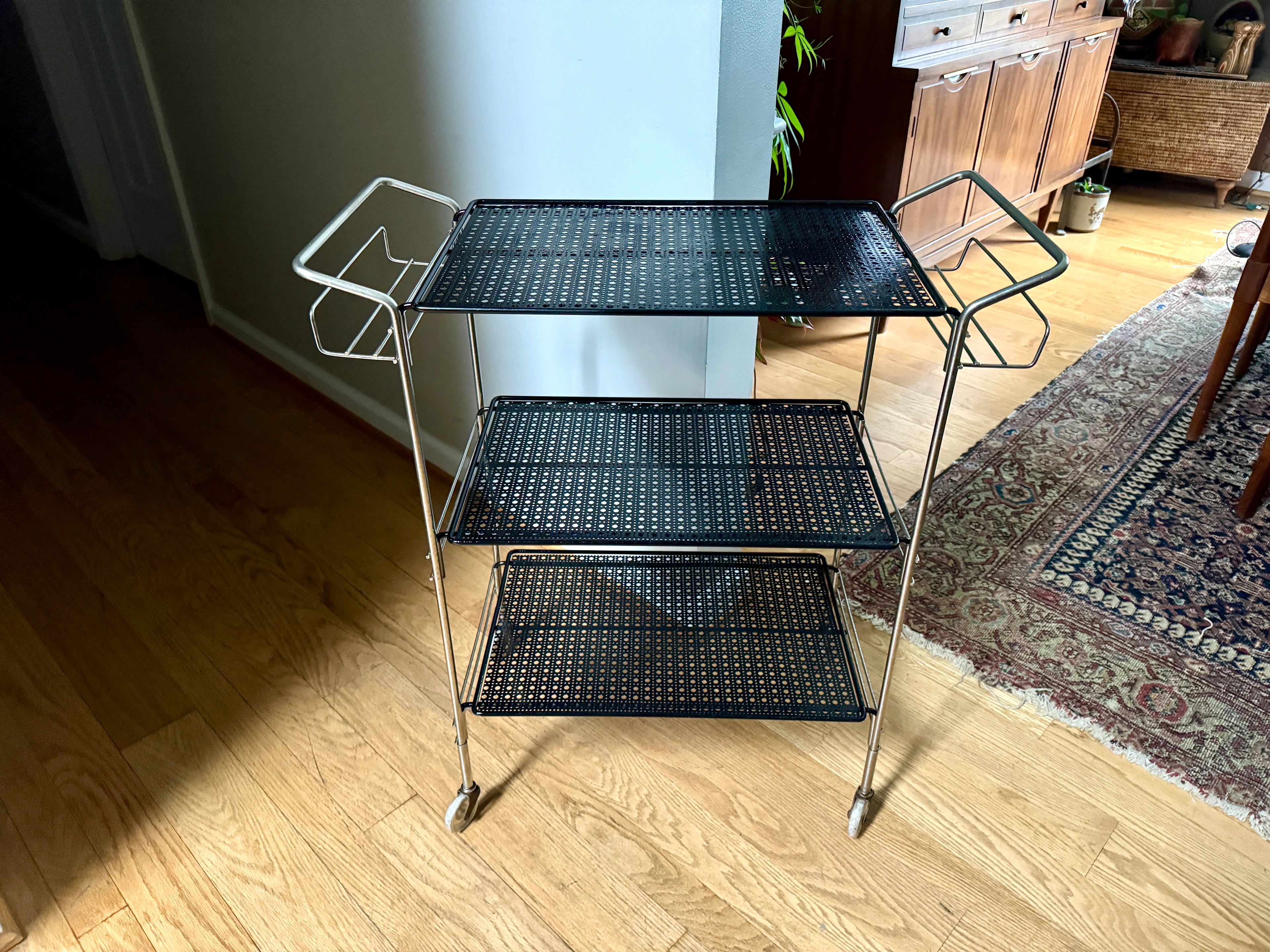 MCM Perforated Metal Bar Cart ~ Black Metal and Silver Framed Bar Cart ~ Mathieu Mategot Style