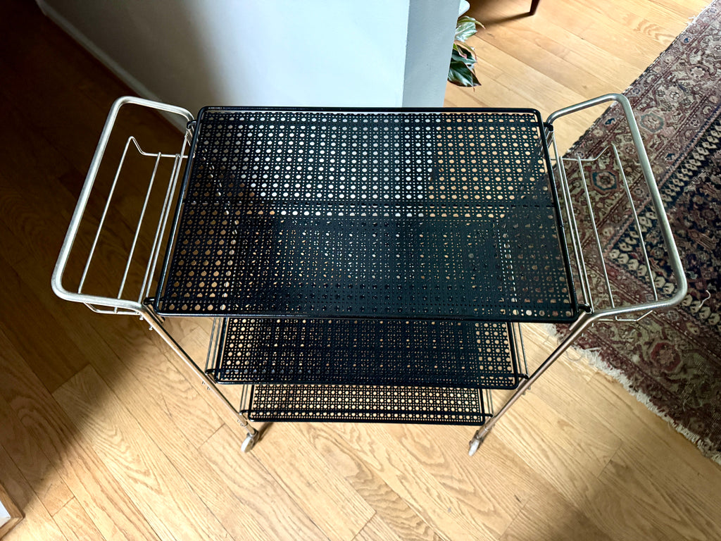 MCM Perforated Metal Bar Cart ~ Black Metal and Silver Framed Bar Cart ~ Mathieu Mategot Style