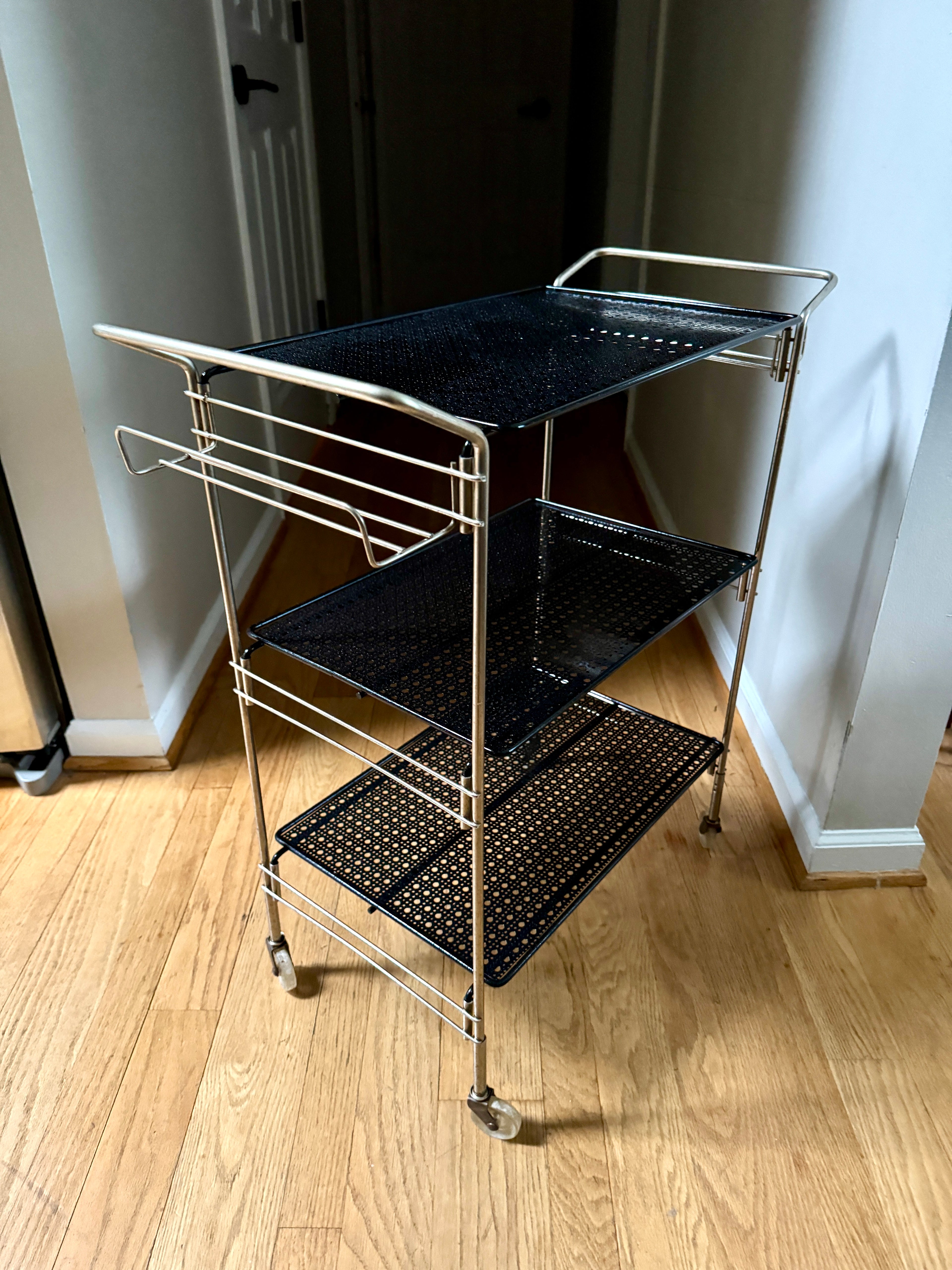 MCM Perforated Metal Bar Cart ~ Black Metal and Silver Framed Bar Cart ~ Mathieu Mategot Style
